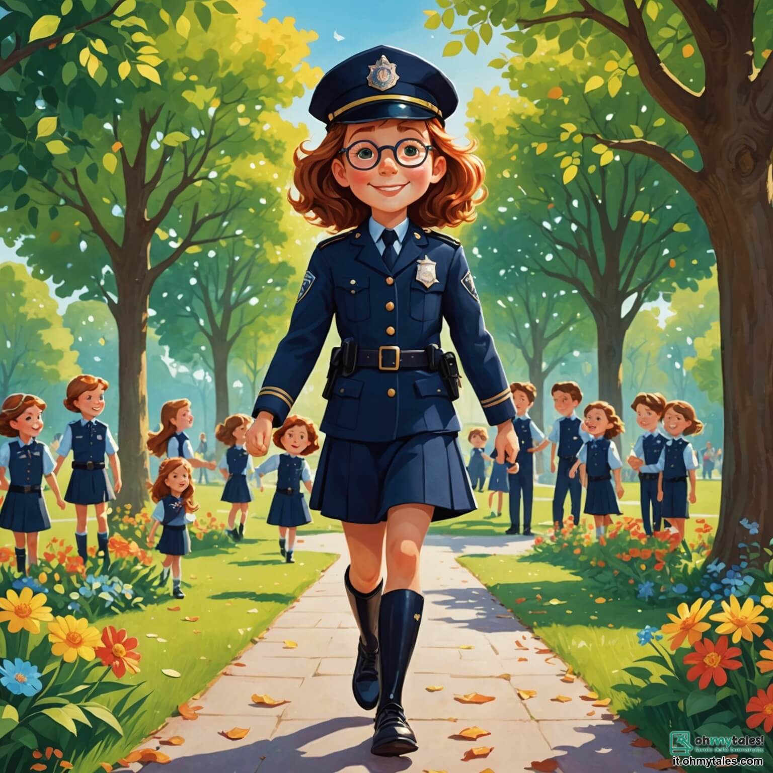 Une illustration destinée aux enfants représentant une courageuse policière aux cheveux châtains et aux yeux pétillants, vêtue d'une uniforme bleu marine scintillant sous le soleil, se tenant fièrement devant un parc verdoyant rempli d'arbres majestueux aux feuilles dansantes, de fleurs colorées et d'enfants joyeux qui jouent, tandis qu'un petit garçon curieux aux lunettes rondes s'approche d'elle avec un sourire émerveillé, prêt à découvrir les secrets de son métier héroïque, dans un monde où la sécurité et l'amitié se mêlent harmonieusement.