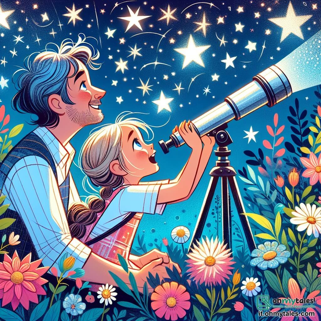 Une illustration destinée aux enfants représentant une jeune fille passionnée d'astronomie, rêvant de devenir astronaute, accompagnée de son père bienveillant, observant ensemble les étoiles scintillantes depuis leur jardin fleuri et coloré.