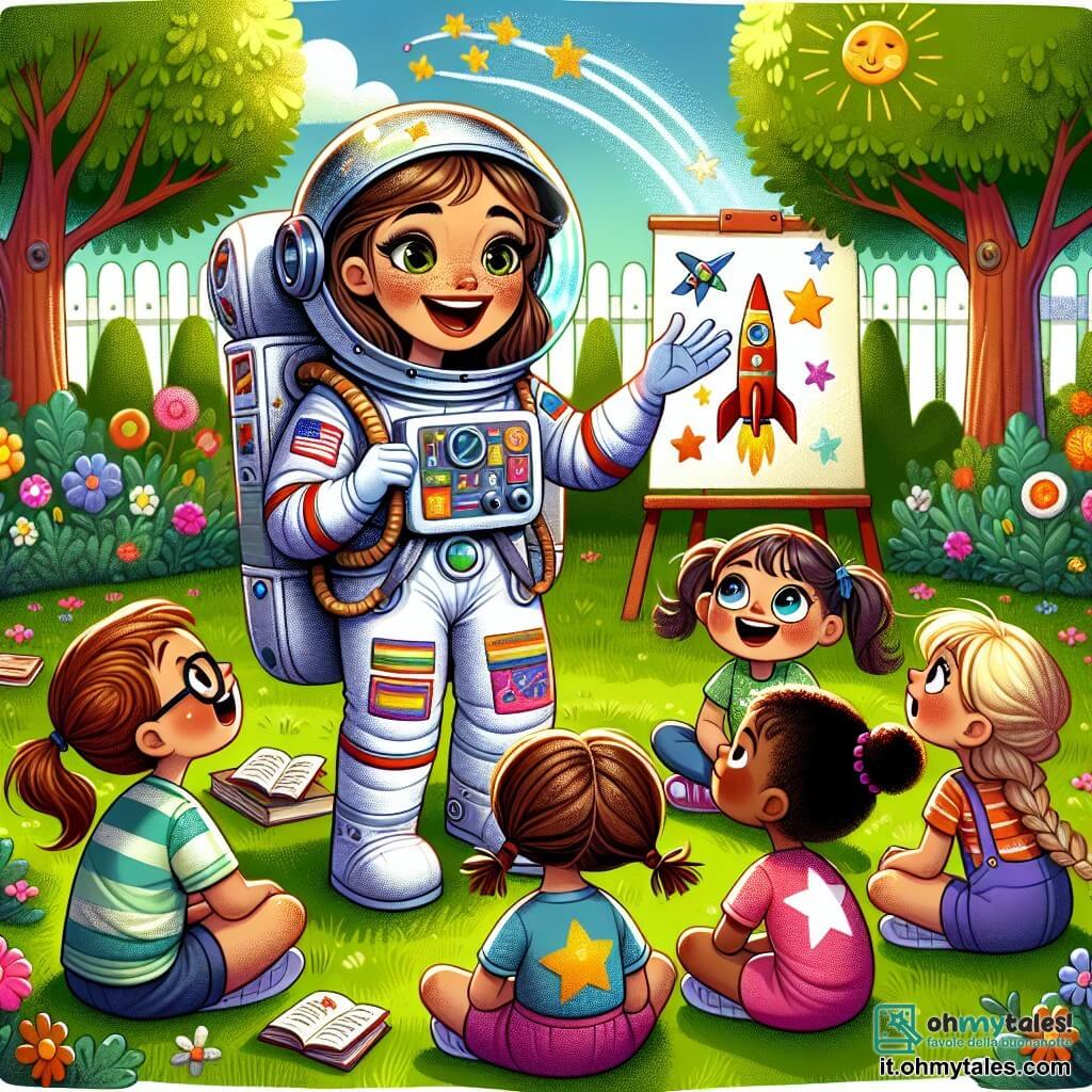 Illustrazione che rappresenta un cortile soleggiato, con alberi verdi e fiori colorati intorno. Al centro, una donna astronauta, con un casco lucido e una tuta spaziale bianca decorata con toppe colorate, sorride raccontando storie ai bambini. Ha i capelli castani raccolti in una coda di cavallo e occhi scintillanti di entusiasmo. Intorno a lei, un gruppo di cinque bambini, di età compresa tra 8 e 10 anni, ascolta attentamente. Una ragazza dai capelli ricci e occhi brillanti alza la mano con eccitazione, mentre un ragazzo in t-shirt con un razzo, con occhiali, guarda con ammirazione. Gli altri bambini, un ragazzo biondo e una ragazza con trecce, sono seduti a gambe incrociate, catturati dal racconto. La scena principale mostra la donna astronauta che condivide le sue avventure nello spazio, descrivendo mondi lontani e scoperte affascinanti, mentre i bambini, meravigliati, immaginano i propri sogni di esplorazione. Sullo sfondo, razzi di cartone e disegni di stelle decorano il muro del cortile, aggiungendo un tocco ludico a questa scena di ispirazione e meraviglia.