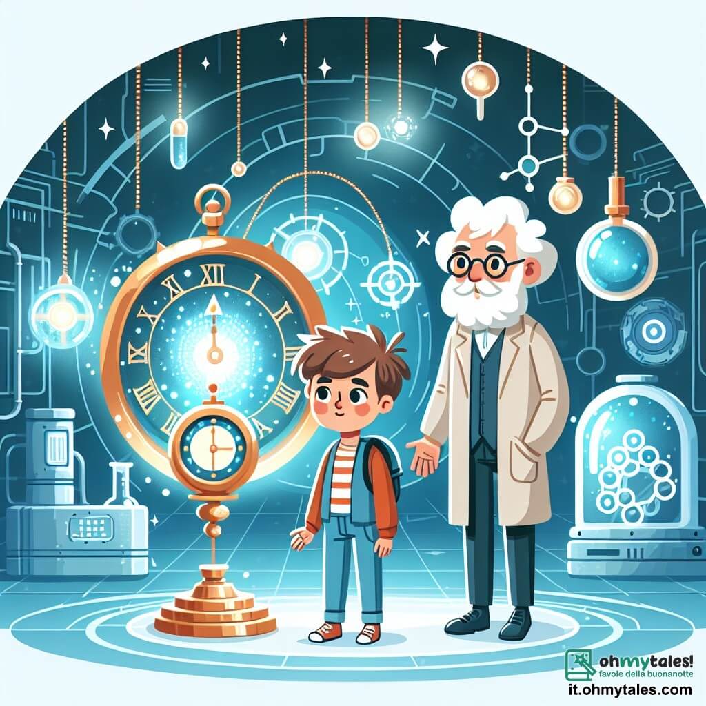 Une illustration destinée aux enfants représentant un garçon curieux se tenant devant un misterieux orologio brillant, accompagné d'un vieux scienziato sage, dans un laboratoire futuriste rempli de gadgets technologiques scintillants.