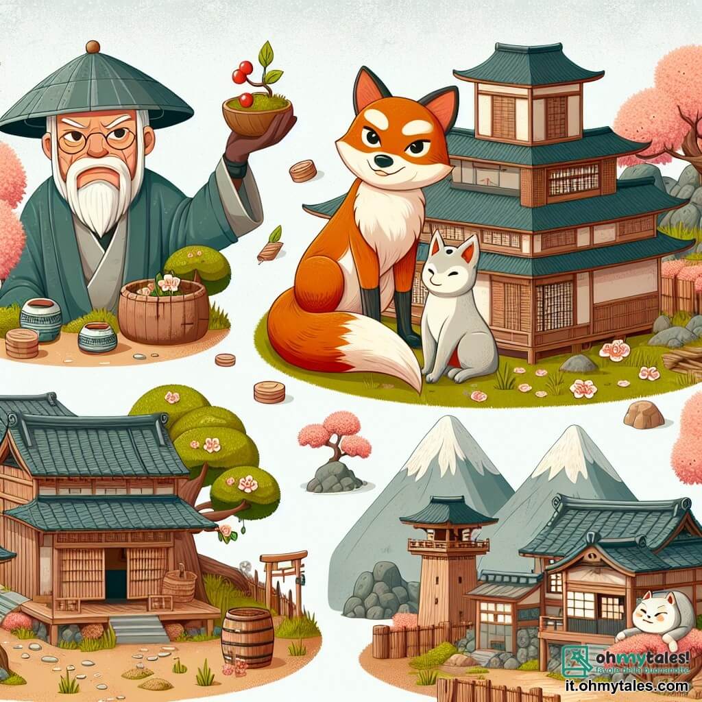 Une illustration destinée aux enfants représentant un marchand avide, un village mystérieux, un sage kitsune et un gattino abandonné, dans un village reculé du Japon avec des pagodes en bois et des cerisiers en fleurs.