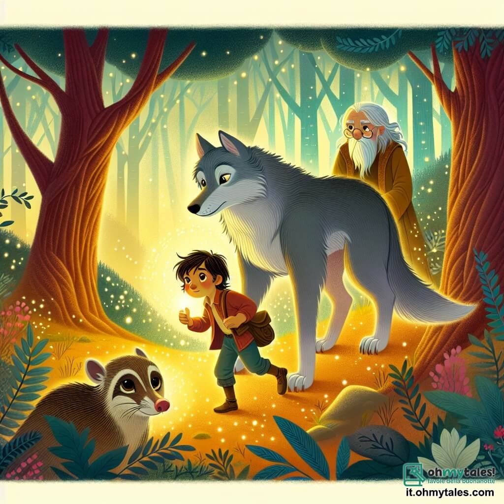 Une illustration destinée aux enfants représentant un jeune loup curieux, de genre masculin, explorant une radura magique illuminée par une lueur dorée, en compagnie d'une vieille civette sage, de genre féminin.