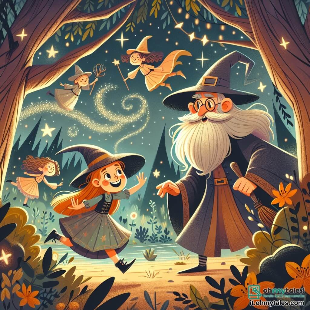 Une illustration destinée aux enfants représentant une apprentie sorcière pleine d'enthousiasme découvrant un monde magique avec l'aide d'un stregone barbu, dans un bosco incantato aux arbres dansants et aux fleurs lumineuses.