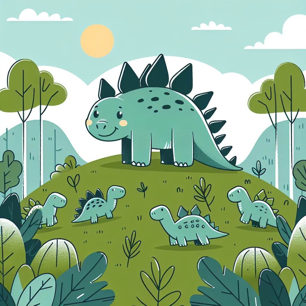 Une illustration destinée aux enfants représentant un adorable stégosaure, avec ses longues plaques pointues sur le dos, qui se trouve dans une grande forêt luxuriante, accompagné de ses amis dinosaures, à la recherche du soleil disparu.