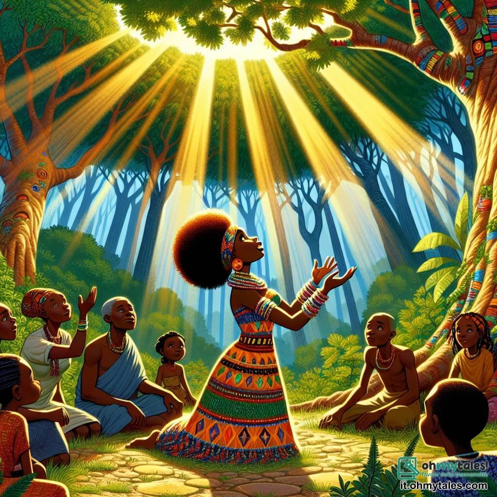 Illustrazione che rappresenta una scena vibrante in una foresta lussureggiante dell'Africa, dove alberi maestosi con tronchi spessi si elevano verso il cielo, le loro foglie brillanti filtrano la luce del sole in riflessi dorati. Al centro della scena, una giovane donna di circa 20 anni, con capelli ricci e lucenti, indossa un vestito colorato ornato di motivi africani tradizionali. È inginocchiata a terra, le mani tese verso il suolo, come se stesse comunicando con la natura, il suo viso illuminato da un sorriso di determinazione. Nelle vicinanze, un gruppo di uomini e donne del villaggio, di età compresa tra i 30 e i 50 anni, osserva con curiosità. Alcuni indossano abiti semplici in tessuto, mentre altri sono decorati con gioielli di perline colorate. Si scambiano sguardi di stupore e riflessione, catturati dalla passione della giovane donna. La scena principale mostra la giovane donna mentre racconta storie sull'importanza della foresta, circondata da animali amichevoli come elefanti e uccelli colorati, che sembrano ascoltare attentamente. Fiori vivaci e foglie verdi circondano la scena, aggiungendo un tocco di magia e vita all'illustrazione. L'atmosfera è pervasa da una sensazione di armonia e connessione con la natura, illustrando il messaggio di rispetto e protezione dell'ambiente.
