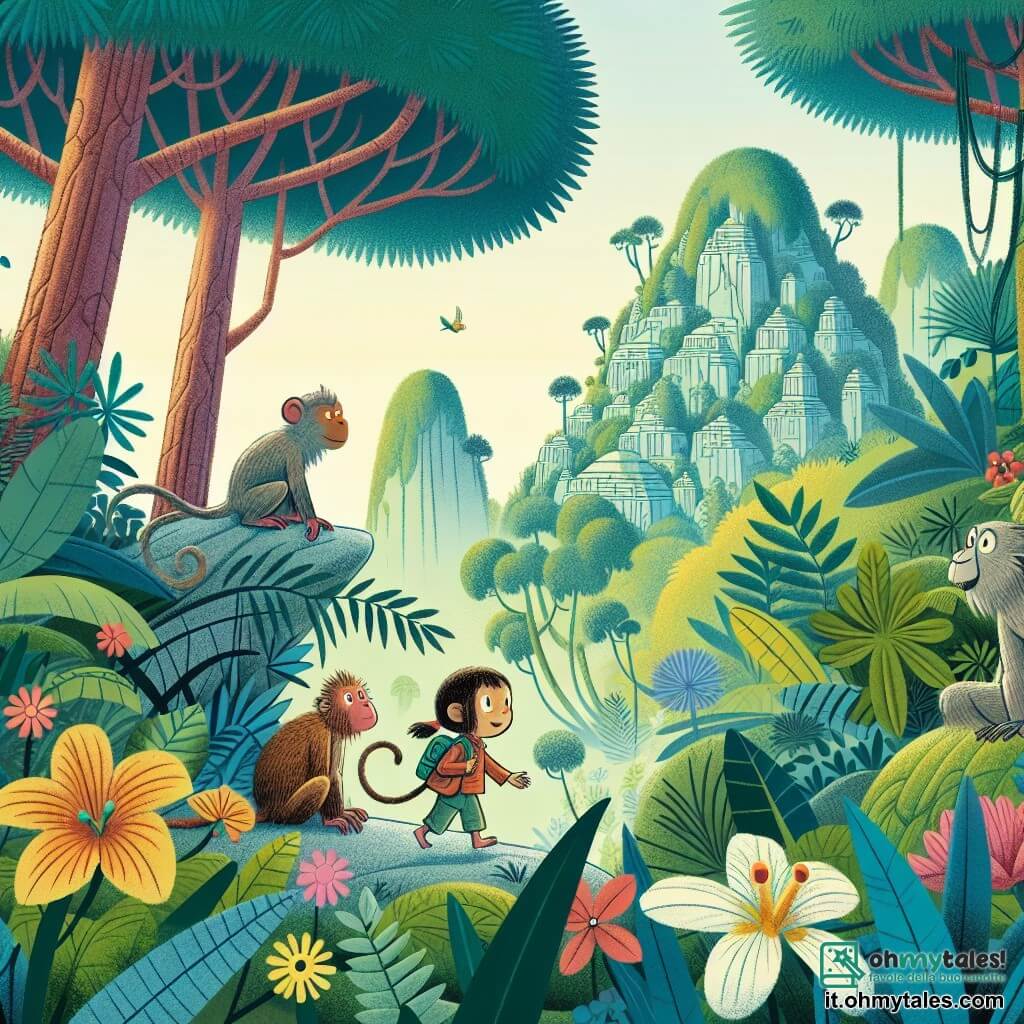 Une illustration destinée aux enfants représentant une jeune guenon curieuse se lançant dans une aventure extraordinaire avec ses amis animaux pour trouver un fruit magique dans une luxuriante forêt tropicale aux arbres imposants et aux fleurs éclatantes.