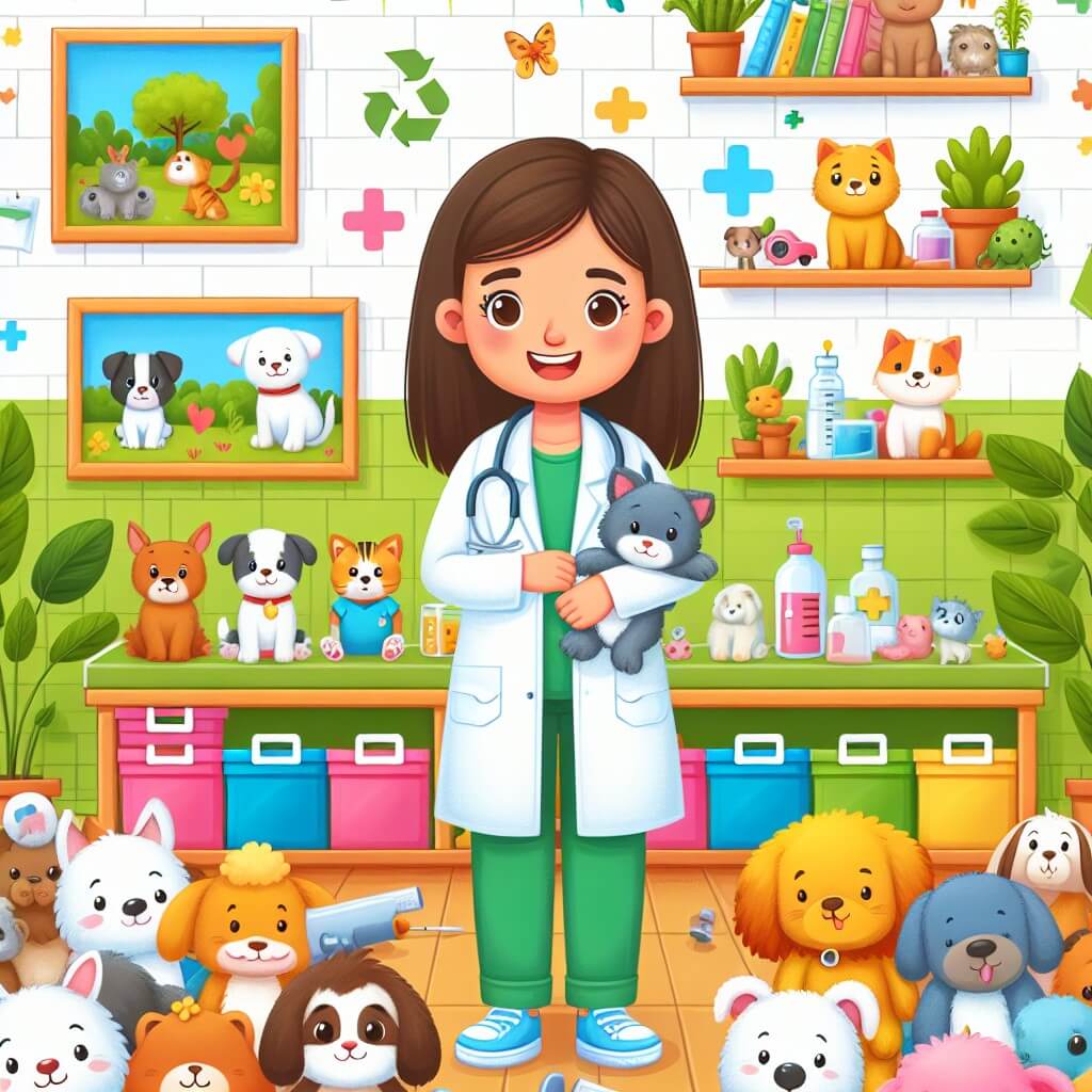 Une illustration destinée aux enfants représentant une jeune femme vétérinaire passionnée, entourée de nombreux animaux patients, dans une clinique vétérinaire colorée et joyeuse remplie de plantes vertes, d'animaux en peluche et de posters éducatifs.