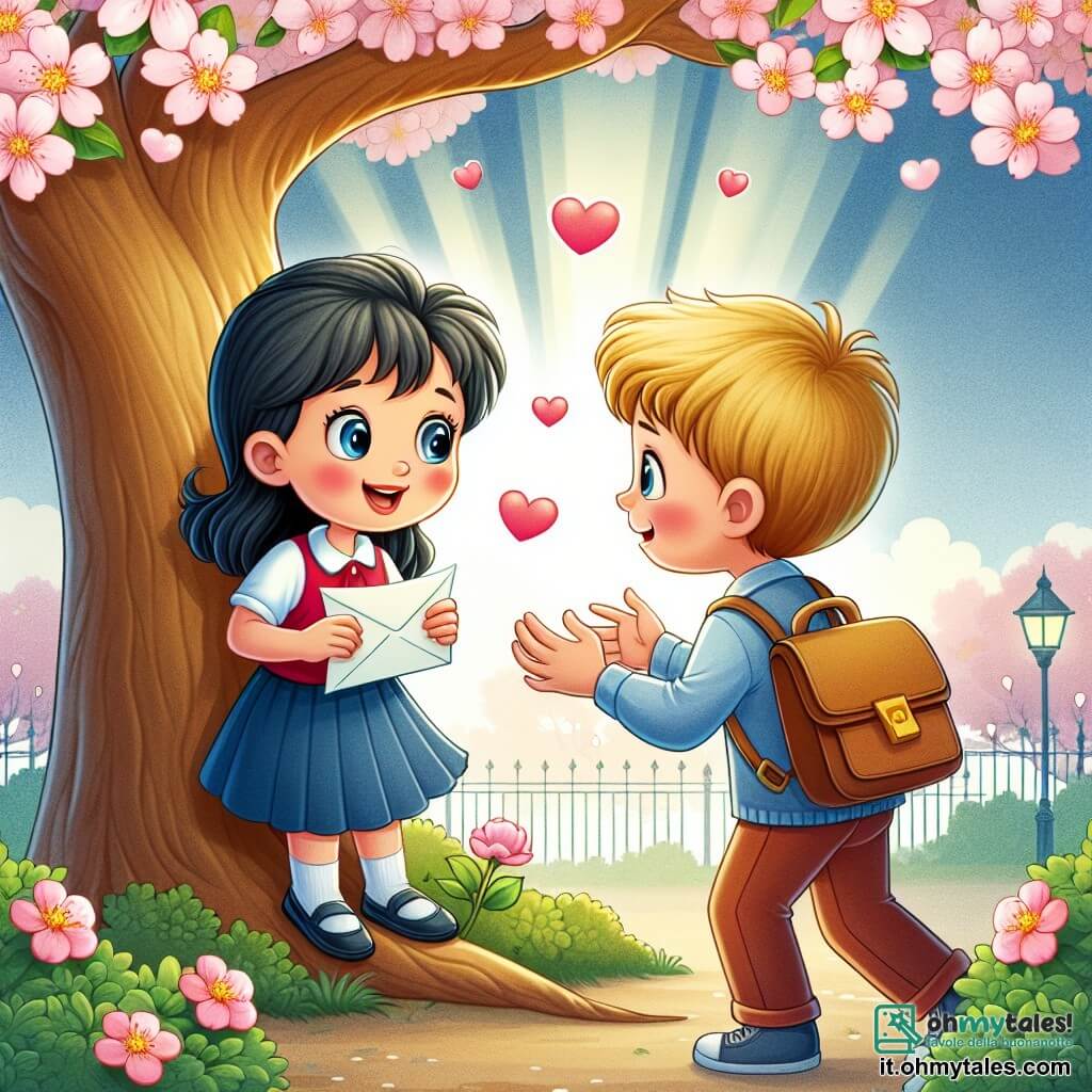 Une illustration destinée aux enfants représentant une jeune fille curieuse et vive, recevant un mystérieux billet d'amour, accompagnée d'un garçon timide et attentionné, sous un magnifique cerisier en fleurs dans la cour de l'école.