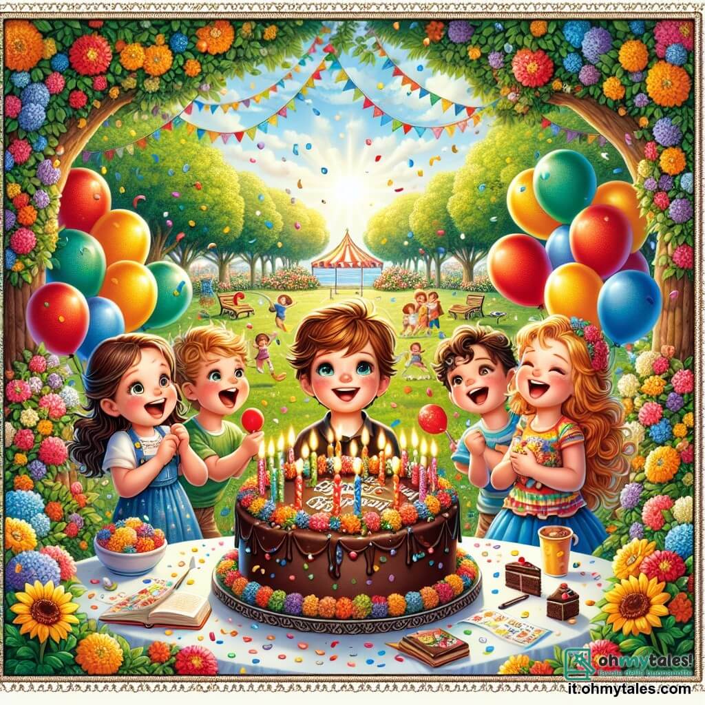 Illustrazione che rappresenta un parco soleggiato, pieno di fiori colorati e grandi alberi con foglie verdi. Al centro, un grande tavolo decorato con palloncini multicolori e una magnifica torta al cioccolato adornata di candele scintillanti. Tre bambini sono presenti: un ragazzo di otto anni con capelli castani e occhi brillanti, sorridente mentre guarda la festa; una ragazza di sette anni con lunghi capelli biondi, che indossa un vestito colorato e tiene un pezzo di torta tra le mani con un grande sorriso; e un ragazzo di nove anni con capelli ricci, che ride gioiosamente mentre tiene un palloncino rosso. La scena principale mostra il momento in cui tutti gli amici cantano "Buon compleanno" attorno al ragazzo, creando un'atmosfera di gioia e amicizia. I coriandoli volano nell'aria e le risate risuonano, mentre i bambini giocano sullo sfondo. I raggi del sole illuminano la scena, aggiungendo un tocco di magia a questo momento indimenticabile.