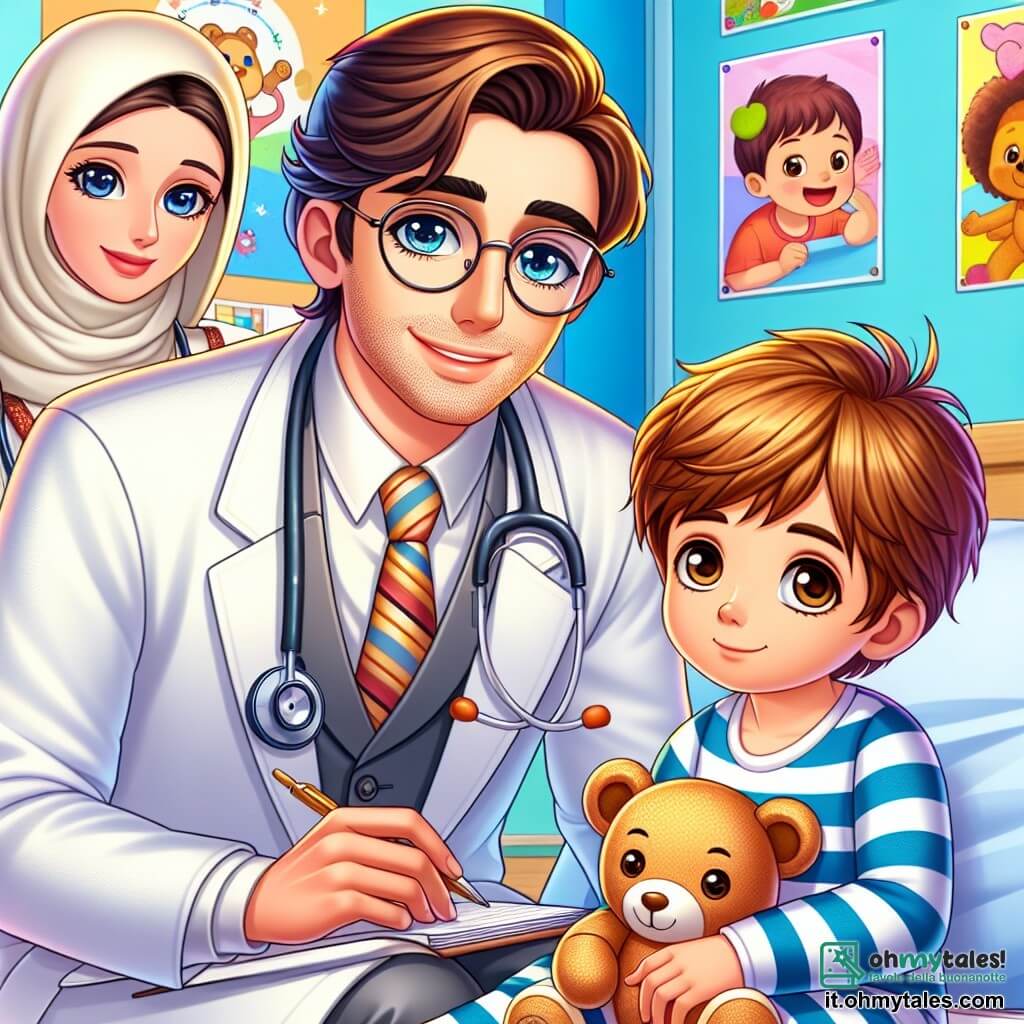 Illustrazione che rappresenta una sala d'ospedale luminosa e colorata, con muri dipinti di colori vivaci e disegni di animali sorridenti. Al centro, un uomo in camice bianco, con capelli castani leggermente arruffati e occhiali sul naso, si china con benevolenza verso un giovane ragazzo. L'uomo ha un sorriso caloroso e occhi scintillanti di compassione, tenendo un stetoscopio in una mano e un taccuino nell'altra. Il ragazzo, di circa 7 anni, ha capelli castani e indossa un pigiama a righe. È seduto su un letto d'ospedale, tenendo un orsetto di peluche contro di sé, con un'espressione sia curiosa che rassicurata. La scena principale mostra il medico che spiega con calma al ragazzo come lo aiuterà a sentirsi meglio, mentre la madre del ragazzo, una donna di circa trent'anni con capelli lunghi e castani, si trova accanto, visibilmente sollevata e attenta. Elementi grafici aggiuntivi includono poster educativi sui muri, un termometro e giocattoli colorati sparsi su un tavolo nelle vicinanze, creando un'atmosfera accogliente e rassicurante.