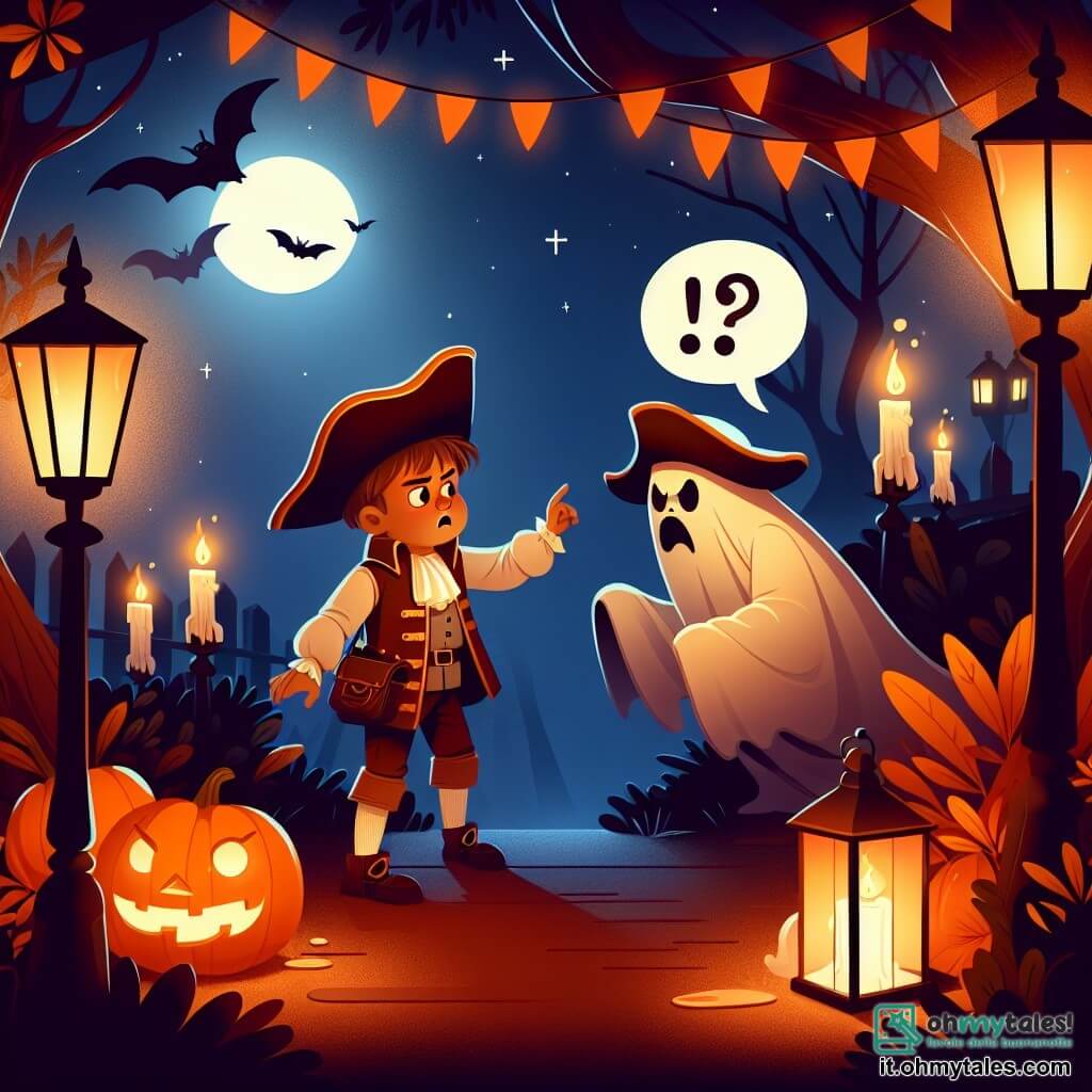 Une illustration destinée aux enfants représentant un jeune garçon déguisé en pirate, faisant face à un mystérieux fantôme, dans un parc illuminé par des lanternes orange et des candélabres tremblants, lors d'une fête d'Halloween.