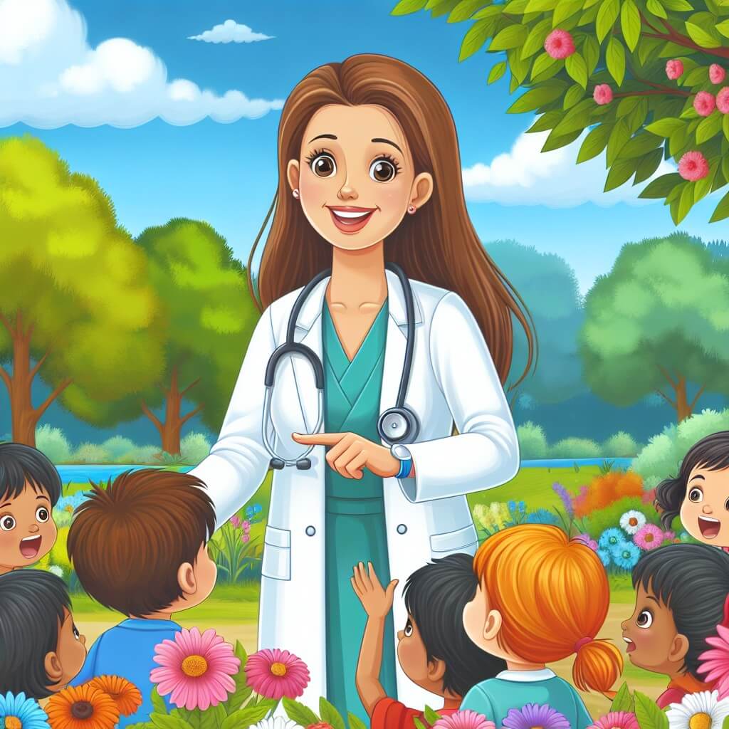 Une illustration destinée aux enfants représentant une femme médecin souriante, entourée d'enfants curieux, dans un parc coloré rempli de fleurs et d'arbres verdoyants, où elle exerce sa profession avec passion.