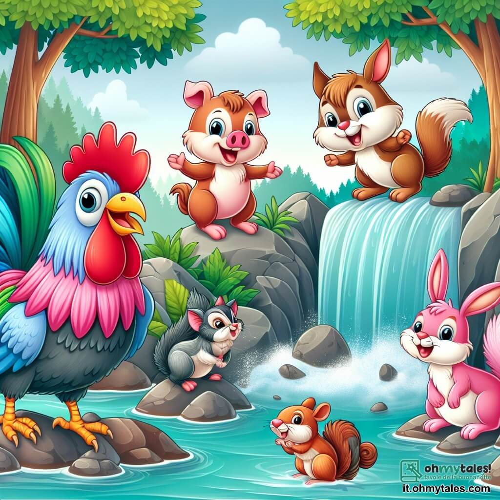 Une illustration destinée aux enfants représentant un coq coloré et fier, un porcelet rose rigolo, une lapine rapide et futée, et des écureuils espiègles, se déroulant dans une paisible cascata entourée de rocce bagnate et de végétation luxuriante.