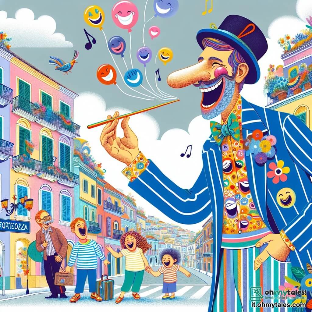 Illustrazione che rappresenta una scena colorata nella città di Tristezza, dove gli edifici sono dipinti con colori pastello, ma offuscati da nuvole grigie che fluttuano sopra. Al centro dell'immagine, un uomo dal volto gioioso e dal naso lungo come un elastico, vestito con un costume blu vivace decorato con motivi di risate, sta raccontando una barzelletta a un gruppo di passanti. Tra loro, una giovane ragazza di circa 8 anni, con capelli ricci e una maglietta a righe, ride a crepapelle, mentre un uomo di mezza età, con occhiali e un cappello a bombetta, sorride timidamente con le braccia incrociate. La scena principale mostra l'uomo mentre usa il suo naso allungato per afferrare una bolla di sapone colorata che fluttua nell'aria, mentre risate e note musicali danzano intorno a loro, creando un'atmosfera di gioia e amicizia. Elementi grafici aggiuntivi includono fiori con facce sorridenti, uccelli colorati che volano allegramente e palloncini a forma di cuore, aggiungendo un tocco di magia e felicità a questa scena di supereroi comici.