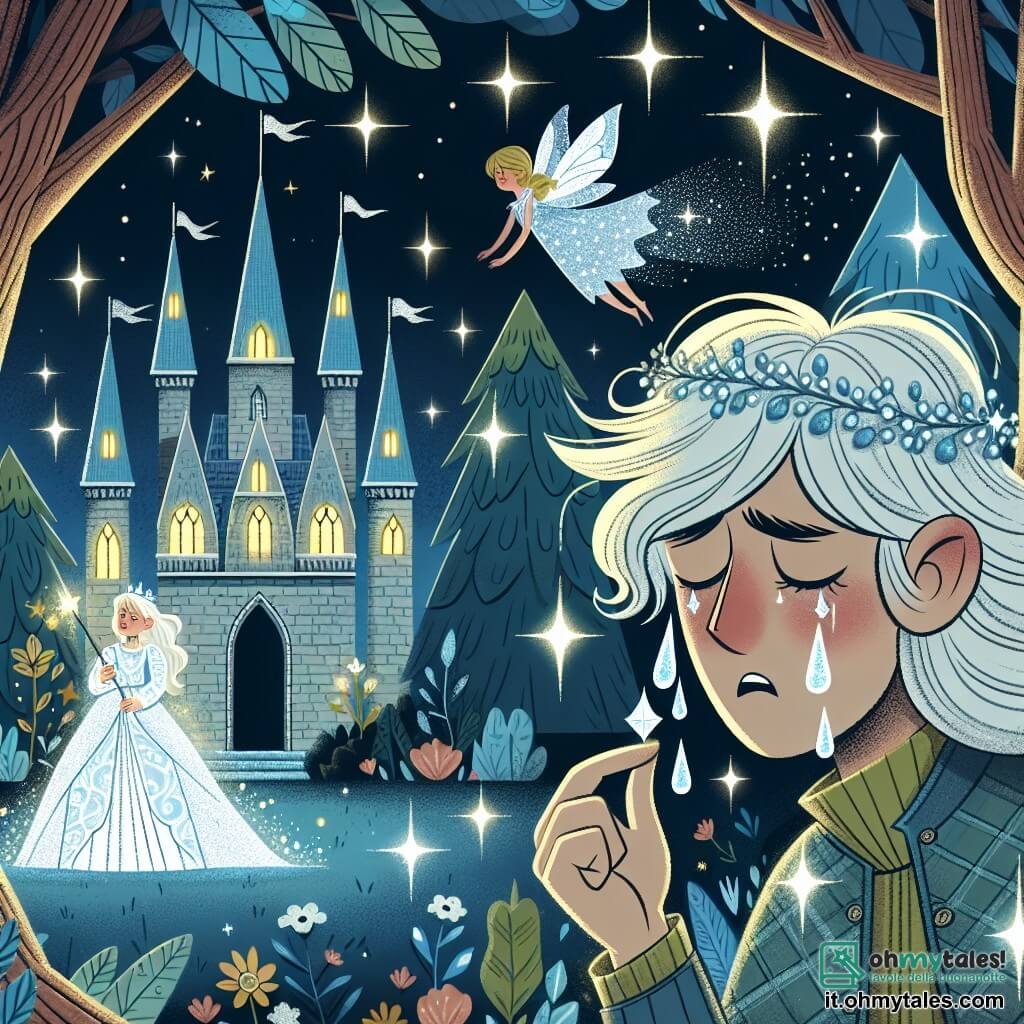Une illustration destinée aux enfants représentant un prince courageux se tenant devant un château enchanté, accompagné d'une fée aux cheveux d'argent pleurant des larmes de cristal, dans un bosquet magique illuminé par des étoiles scintillantes.