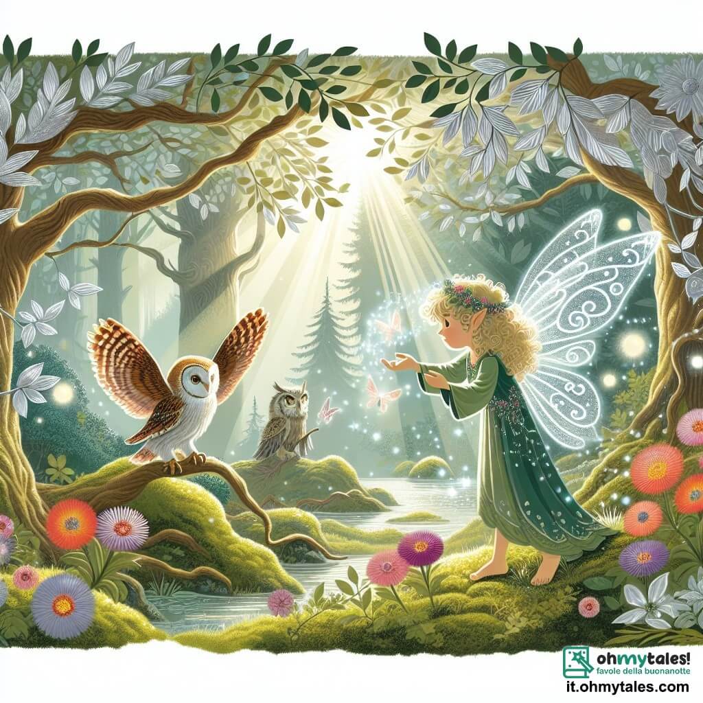 Une illustration destinée aux enfants représentant une fée lumineuse et étincelante, aidant un gufo blessé à guérir, dans une forêt enchantée aux arbres majestueux aux feuilles argentées et aux fleurs aux couleurs chatoyantes, où les rayons du soleil dansent à travers les branches, créant des reflets magiques sur le sol tapissé de mousse douce.