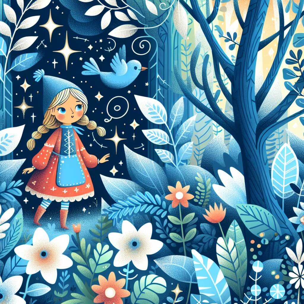 Une illustration destinée aux enfants représentant une jeune fille, perdue dans un labyrinthe de mensonges, accompagnée d'un petit oiseau bleu, se déroulant dans une forêt enchantée aux arbres majestueux, aux feuilles chatoyantes et aux fleurs lumineuses.