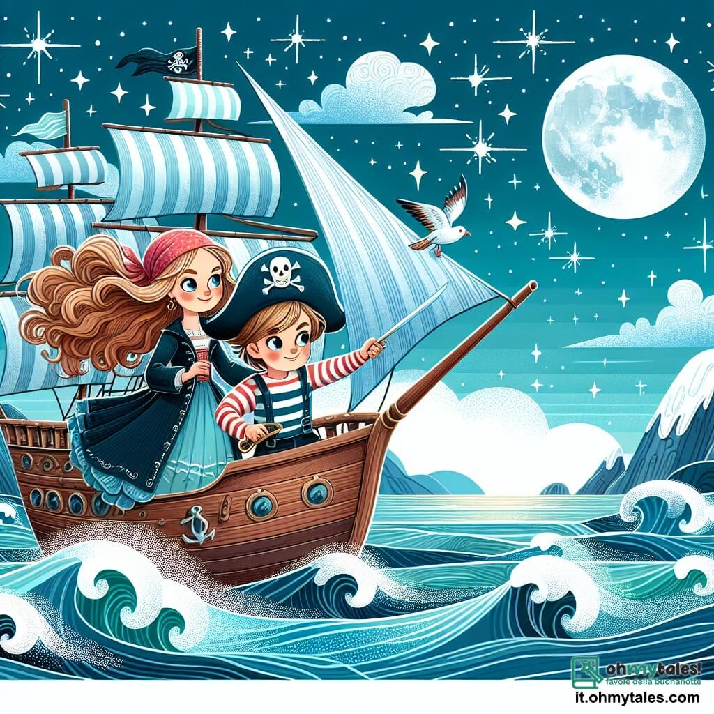 Une illustration destinée aux enfants représentant une courageuse femme pirate, naviguant sur son navire majestueux, accompagnée de son jeune marin garçon, à la recherche du trésor légendaire dans un océan scintillant, sous un ciel étoilé et une lune brillante.