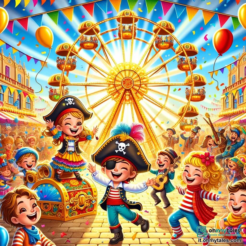 Illustrazione che rappresenta una scena vibrante di un carnevale in una grande piazza soleggiata, decorata con festoni colorati e palloncini fluttuanti. Al centro, una grande ruota panoramica scintilla, circondata dalle risate dei bambini e dai musicisti che suonano melodie gioiose. Tre bambini si distinguono: un ragazzo di sette anni con capelli castani, vestito da pirata con un bandana rossa e una benda nera su un occhio, che sorride con entusiasmo. Accanto a lui, un ragazzo biondo di circa otto anni, vestito con un costume colorato, che balla energicamente, e una ragazza di sei anni, vestita da clown con un naso rosso e capelli ricci, che ride lanciando coriandoli in aria. La scena cattura il momento in cui i tre amici scoprono un tesoro nascosto in una grande cassa decorata, circondata da maschere e dolcetti, mentre altri bambini ballano e si divertono intorno a loro. Colori vivaci, sorrisi radiosi e un'atmosfera festiva riempiono l'illustrazione, evocando la magia e la gioia del carnevale.