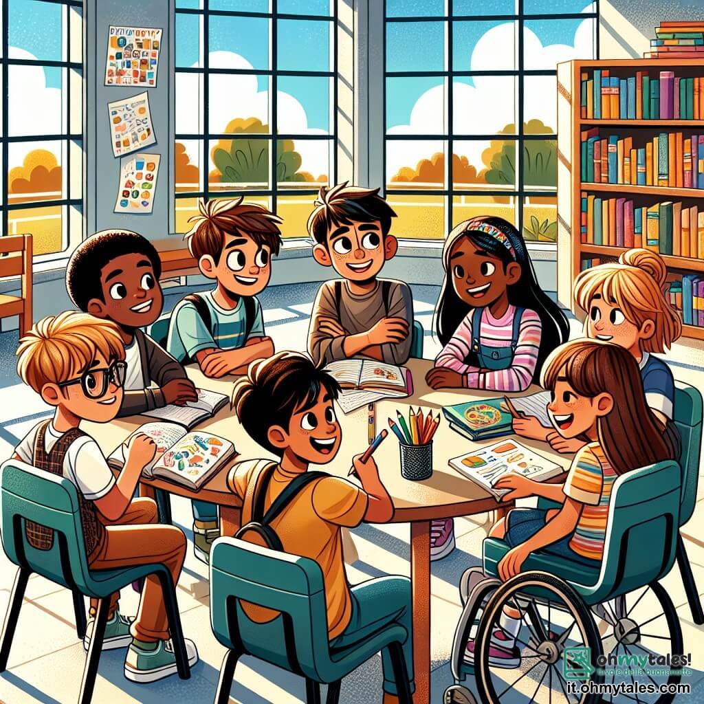 Illustrazione che rappresenta un gruppo di amici seduti attorno a un tavolo in una luminosa biblioteca scolastica. Le pareti sono decorate con libri colorati e poster sulla diversità culturale, con grandi finestre che lasciano entrare la luce del giorno. Un ragazzo di dodici anni, con capelli castani e leggermente disordinati, guarda attentamente i suoi amici, sorridendo. Accanto a lui, una ragazza di dodici anni, con capelli lunghi e neri, ride mentre tiene in mano una matita e un quaderno da disegno, pronta a disegnare. Un altro ragazzo, di dodici anni, con occhiali e capelli castani, prende appunti con concentrazione. Una ragazza gioiosa, di origine indiana, con pelle color caramello e capelli ricci, condivide le sue idee con entusiasmo. Infine, un ragazzo in sedia a rotelle, di origine italiana, con pelle chiara e capelli biondi, ascolta attentamente, con un sorriso incoraggiante sul volto. La scena mostra il gruppo in piena discussione, scambiando idee sul loro progetto scolastico sulle culture del mondo, illustrando così la tolleranza e il rispetto delle differenze. Fogli di carta e matite colorate sono sparsi sul tavolo, simboleggiando la loro creatività e collaborazione.