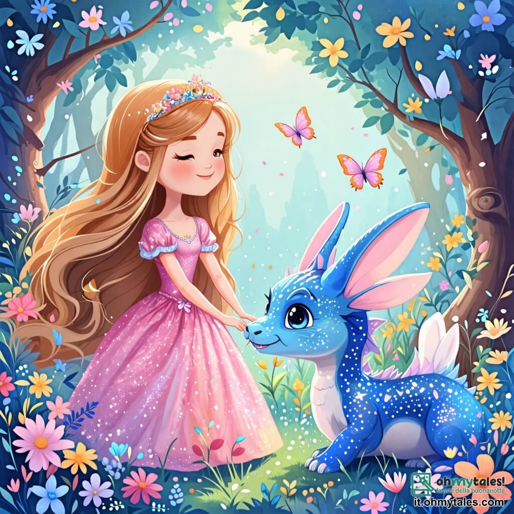 Une illustration sous forme de dessin destinée aux enfants représentant un jardin enchanté rempli de fleurs colorées et d'arbres scintillants, où une princesse joyeuse aux longs cheveux dorés, vêtue d'une robe rose étincelante, sourit en tenant la patte d'un petit dragon bleu aux écailles brillantes, qui pleure des larmes scintillantes ; à côté d'eux, un coniglio aux grandes oreilles blanches et aux yeux pétillants les observe en riant, alors qu'ils cherchent ensemble la queue perdue du dragon, créant une atmosphère de camaraderie et de magie.