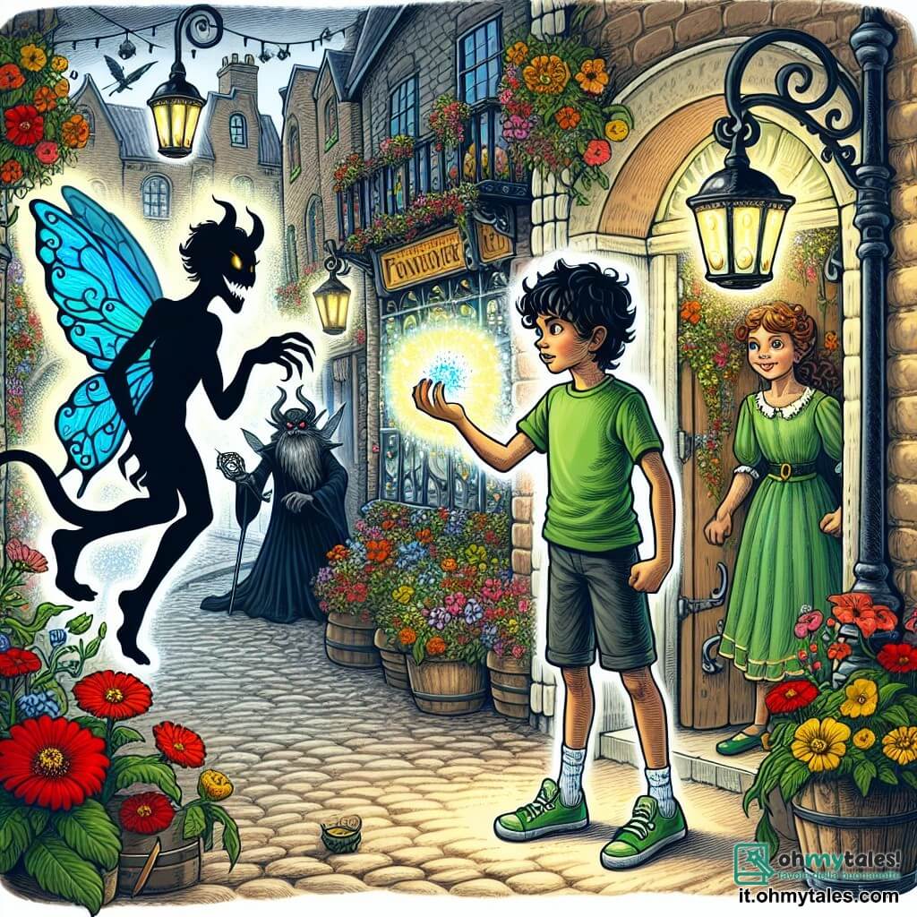 Une illustration sous forme de dessin destinée aux enfants représentant une rue animée d'une petite ville, avec des bâtiments anciens ornés de fleurs colorées et des lampadaires en fer forgé, où un garçon de 11 ans aux cheveux noirs et bouclés, portant un t-shirt vert et un short, observe avec émerveillement une jeune fée aux ailes scintillantes de couleur bleu vif, piégée dans une lueur magique, alors qu'ils se préparent à affronter un puissant sorcier maléfique, avec des ombres menaçantes se profilant en arrière-plan et une gemme lumineuse dans la main du garçon, symbolisant l'espoir et la magie.