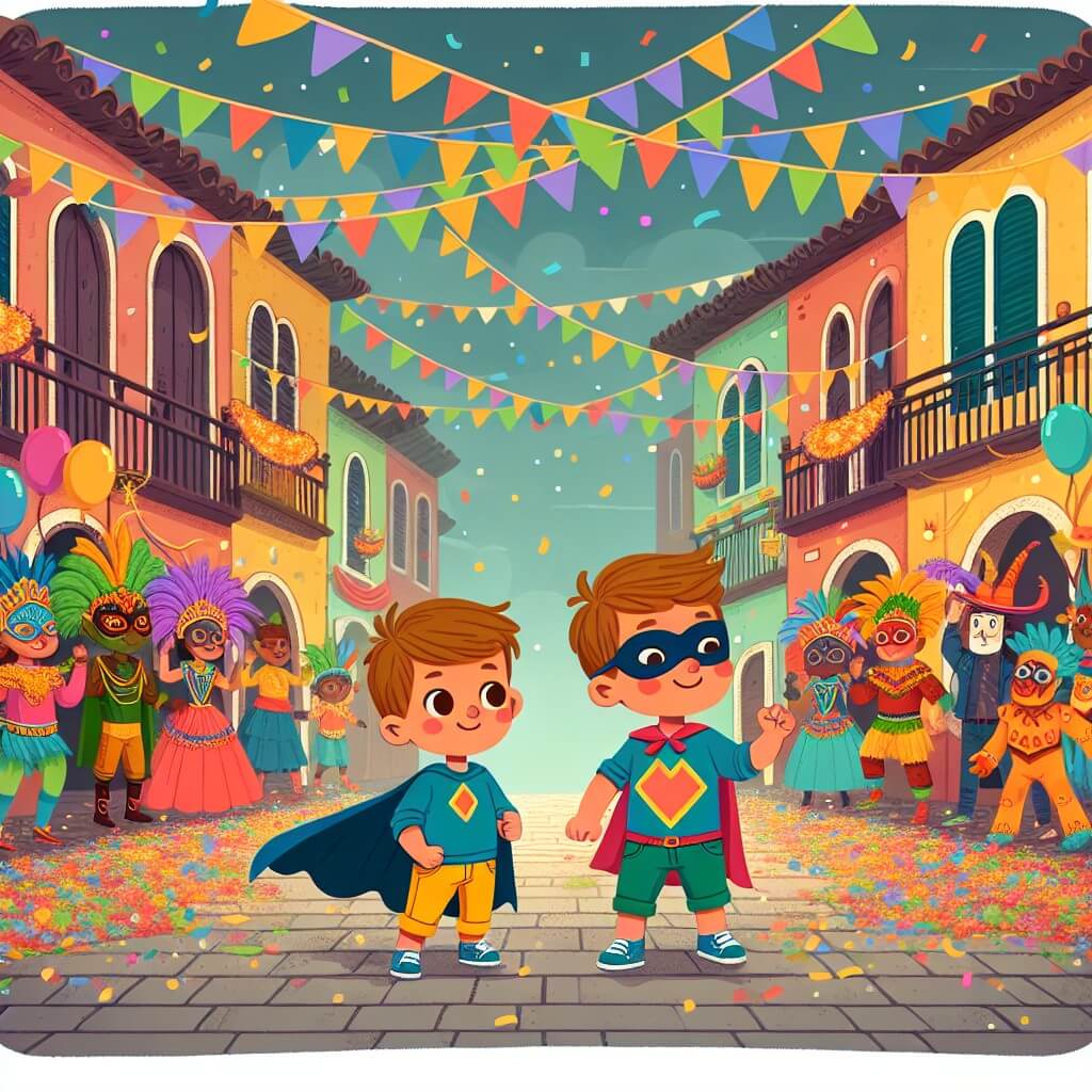 Une illustration destinée aux enfants représentant un jeune garçon déguisé en super-héros, qui découvre une fête colorée et animée remplie de personnages fantastiques, dans un village aux rues étroites et pavées décorées de guirlandes lumineuses et de confettis multicolores, lors du grand carnaval annuel.