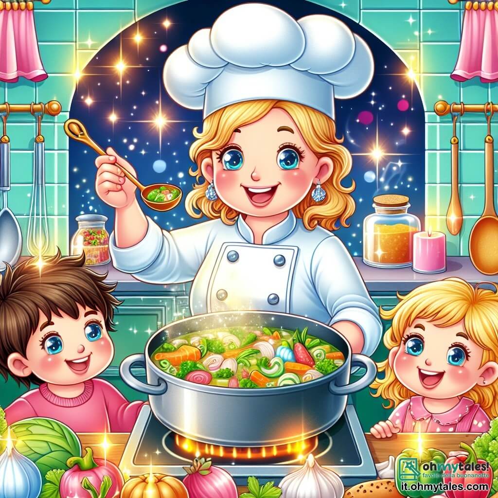 Une illustration destinée aux enfants représentant une femme chef cuisinier souriante préparant une délicieuse zuppa di verdure, accompagnée de deux enfants curieux aux yeux brillants, dans une cuisine magique remplie de couleurs vives, d'ustensiles étincelants et d'arômes envoûtants.