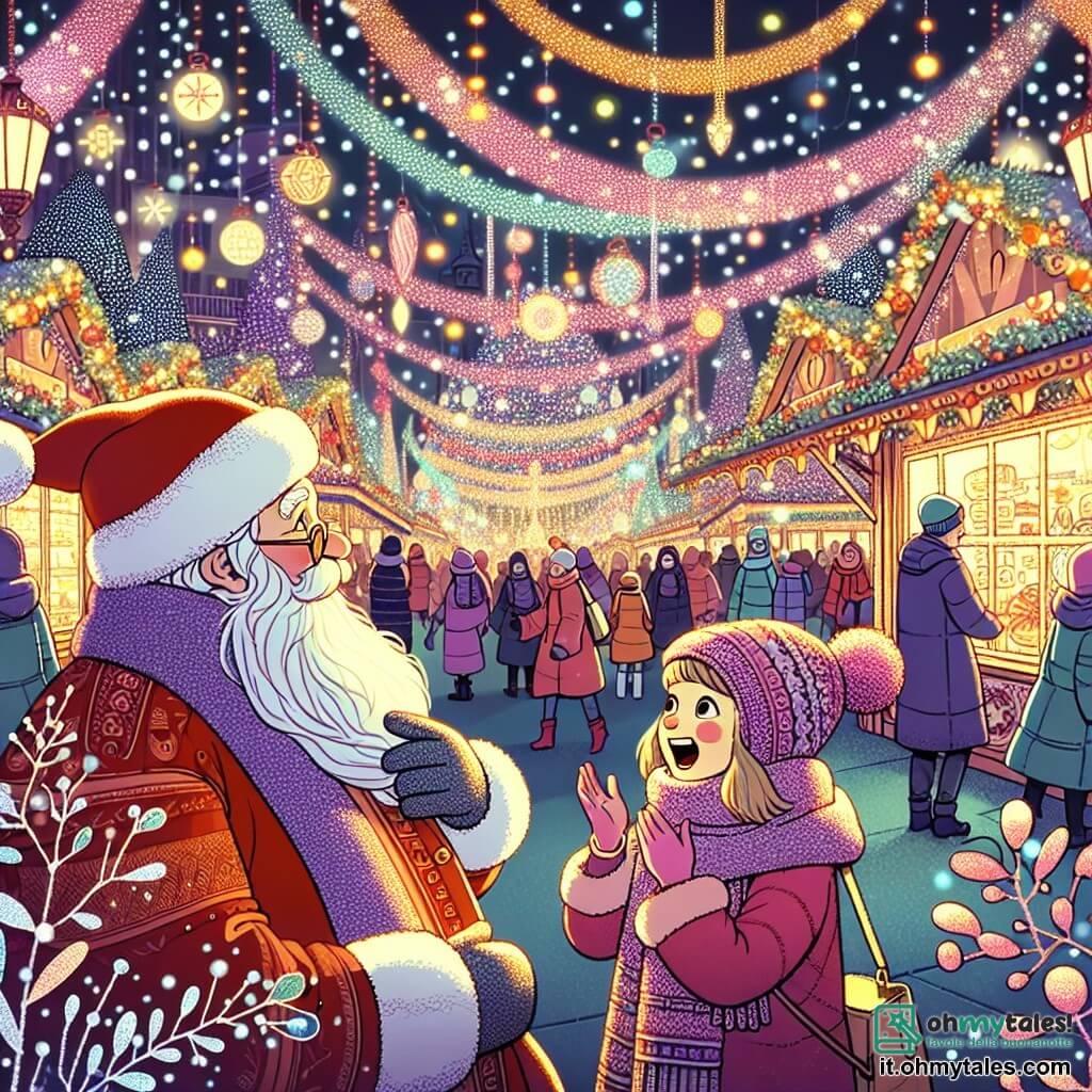 Une illustration destinée aux enfants représentant une fillette émerveillée par la rencontre avec le Père Noël, entourée de décorations scintillantes, dans un magnifique marché de Noël illuminé par des guirlandes multicolores.