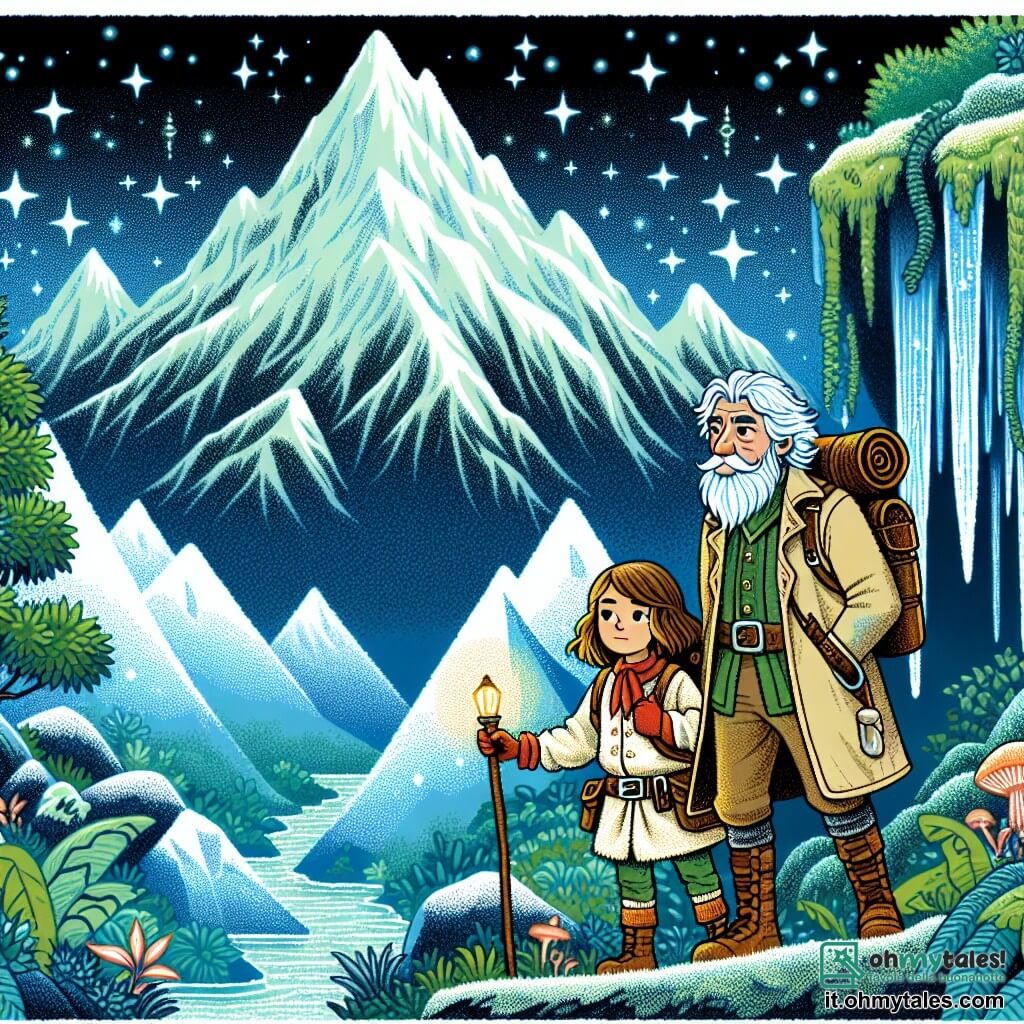 Une illustration destinée aux enfants représentant une jeune exploratrice courageuse, accompagnée d'un sage mentor masculin, sur le point de gravir une montagne enneigée ornée de mystérieuses grottes scintillantes et d'une végétation luxuriante.