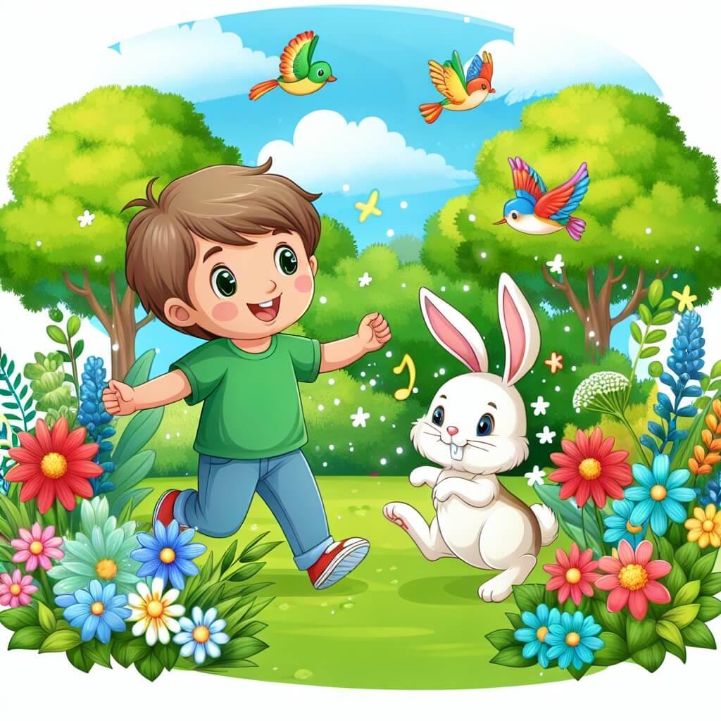 Une illustration destinée aux enfants représentant un jeune garçon plein d'énergie qui découvre la magie du printemps, accompagné d'un adorable petit lapin, dans un parc verdoyant rempli de fleurs multicolores et d'oiseaux chantants.