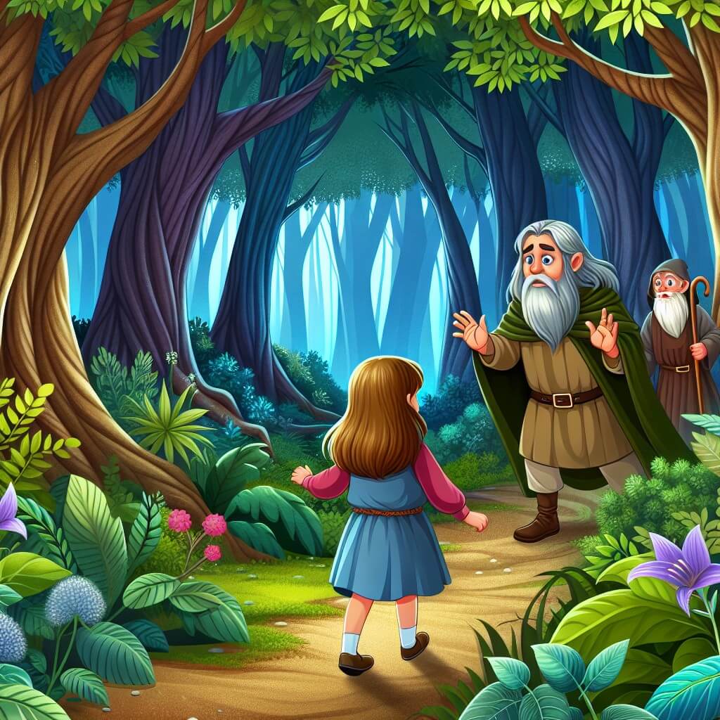 Une illustration destinée aux enfants représentant une petite fille intrépide, confrontée à sa peur du noir, accompagnée d'un ami sage et bienveillant, dans une forêt enchantée, avec des arbres majestueux et un sentier étroit à travers les feuilles colorées.