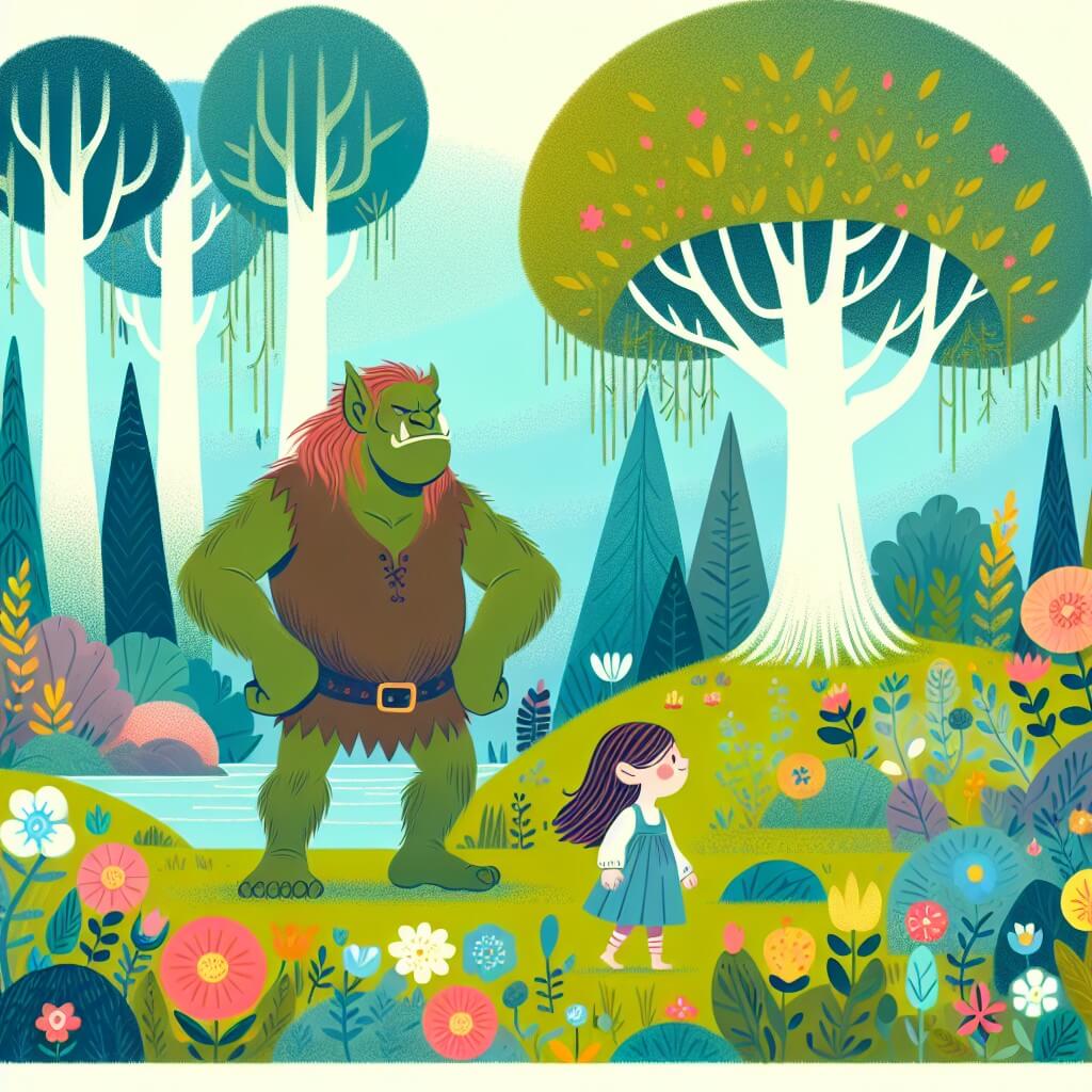 Une illustration destinée aux enfants représentant un ogre solitaire, se dressant fièrement dans une clairière enchantée, accompagné d'une petite fille courageuse, dans un royaume verdoyant rempli de fleurs colorées et d'arbres majestueux.