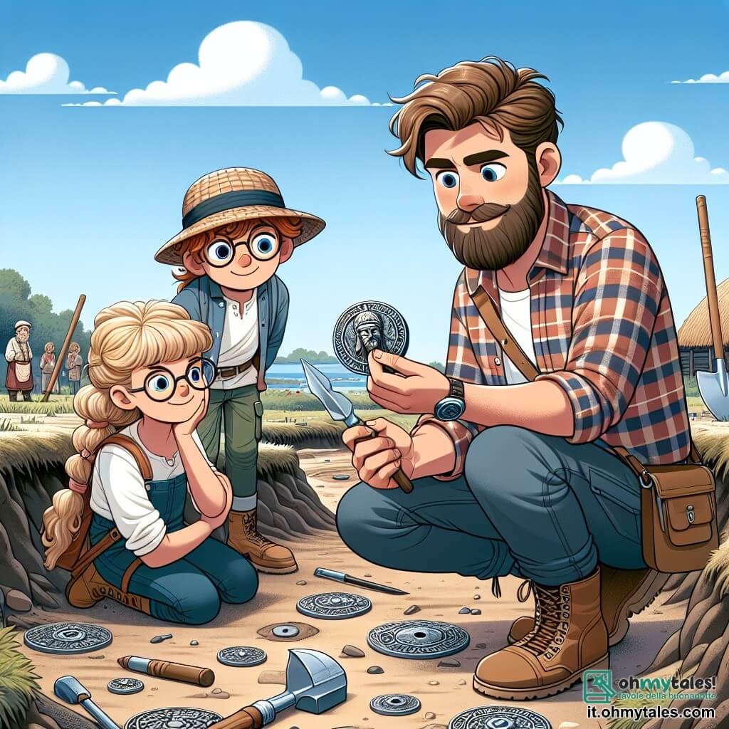 Une illustration sous forme de dessin destinée aux enfants représentant un site archéologique en Norvège, avec un homme aux cheveux bruns et à la barbe soignée, vêtu d'une chemise à carreaux et d'un pantalon cargo, qui examine attentivement un ancien médaillon viking, tandis qu'une jeune fille aux cheveux blonds et bouclés, portant un chapeau de paille, et un garçon aux lunettes et à la casquette, scrutent le sol à la recherche d'autres artefacts, le tout sous un ciel bleu parsemé de nuages, avec des outils d'archéologie éparpillés autour d'eux et une ambiance d'excitation et de découverte.