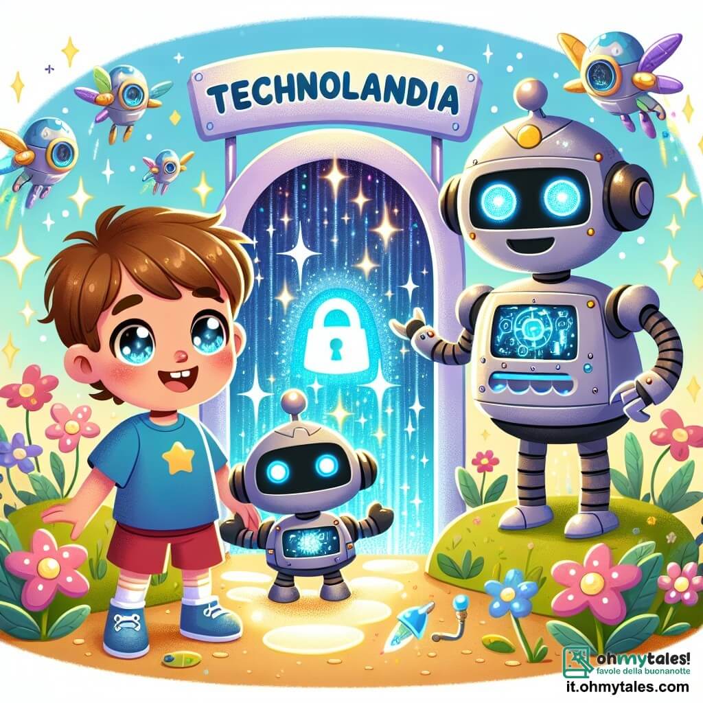 Une illustration sous forme de dessin destinée aux enfants représentant un parc futuriste coloré à Technolandia, rempli de lumières scintillantes et de robots animés, où un garçon de 5 ans aux cheveux bruns et aux yeux pétillants, vêtu d'un t-shirt bleu et d'un short rouge, se tient aux côtés d'un petit robot aux lumières azurées, en train d'explorer une porte secrète scintillante entourée de fleurs chantantes, tandis qu'un robot pilote, avec des ailes métalliques et un sourire amical, les remercie pour leur aide après avoir réparé son véhicule volant en difficulté.