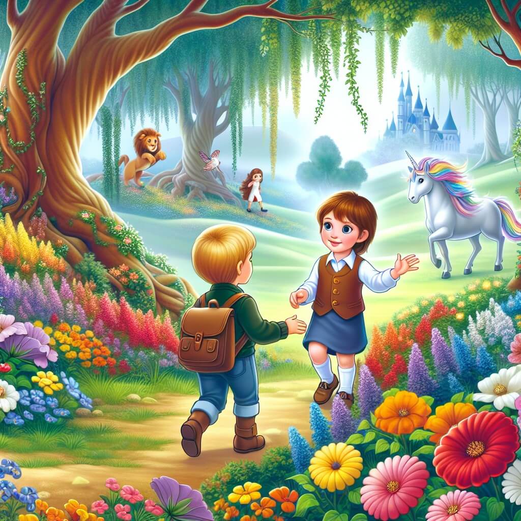 Une illustration destinée aux enfants représentant un jeune garçon curieux, qui rencontre une nouvelle amie dans un parc enchanteur rempli de fleurs multicolores et d'arbres majestueux, où ils découvrent ensemble l'importance de l'égalité des sexes.
