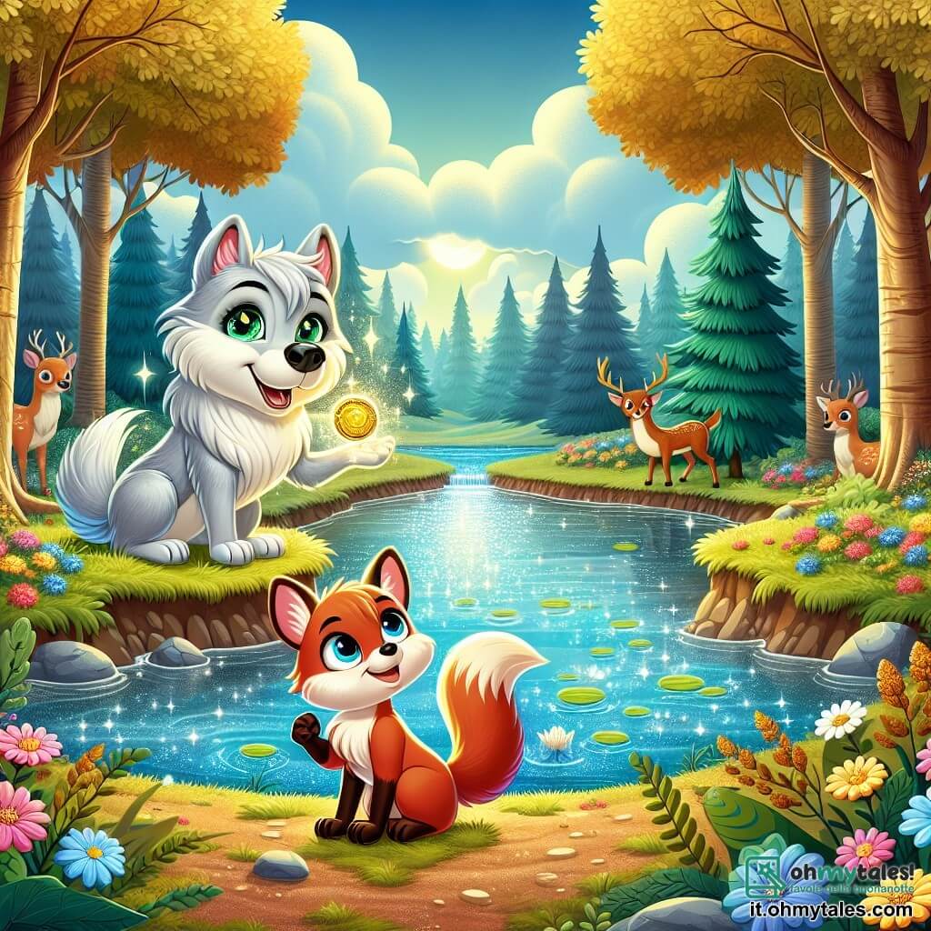 Illustrazione che rappresenta una scena magica al bordo di un lago scintillante, circondato da grandi alberi con foglie dorate e un cielo blu punteggiato di nuvole bianche. In primo piano, un lupo dal pelo argentato, con occhi brillanti e un sorriso amichevole, si trova vicino all'acqua, tenendo un medaglione d'oro nella sua zampa. Accanto a lui, una piccola volpe dal pelo rosso, con grandi occhi curiosi e una coda folta, guarda il lupo con ammirazione. Insieme, si preparano a esprimere un desiderio, circondati da fiori colorati che costeggiano il ruscello. Sullo sfondo, altri animali della foresta, come cervi e conigli, osservano la scena con espressioni di meraviglia e amicizia, creando un'atmosfera di gioia e compagnia.