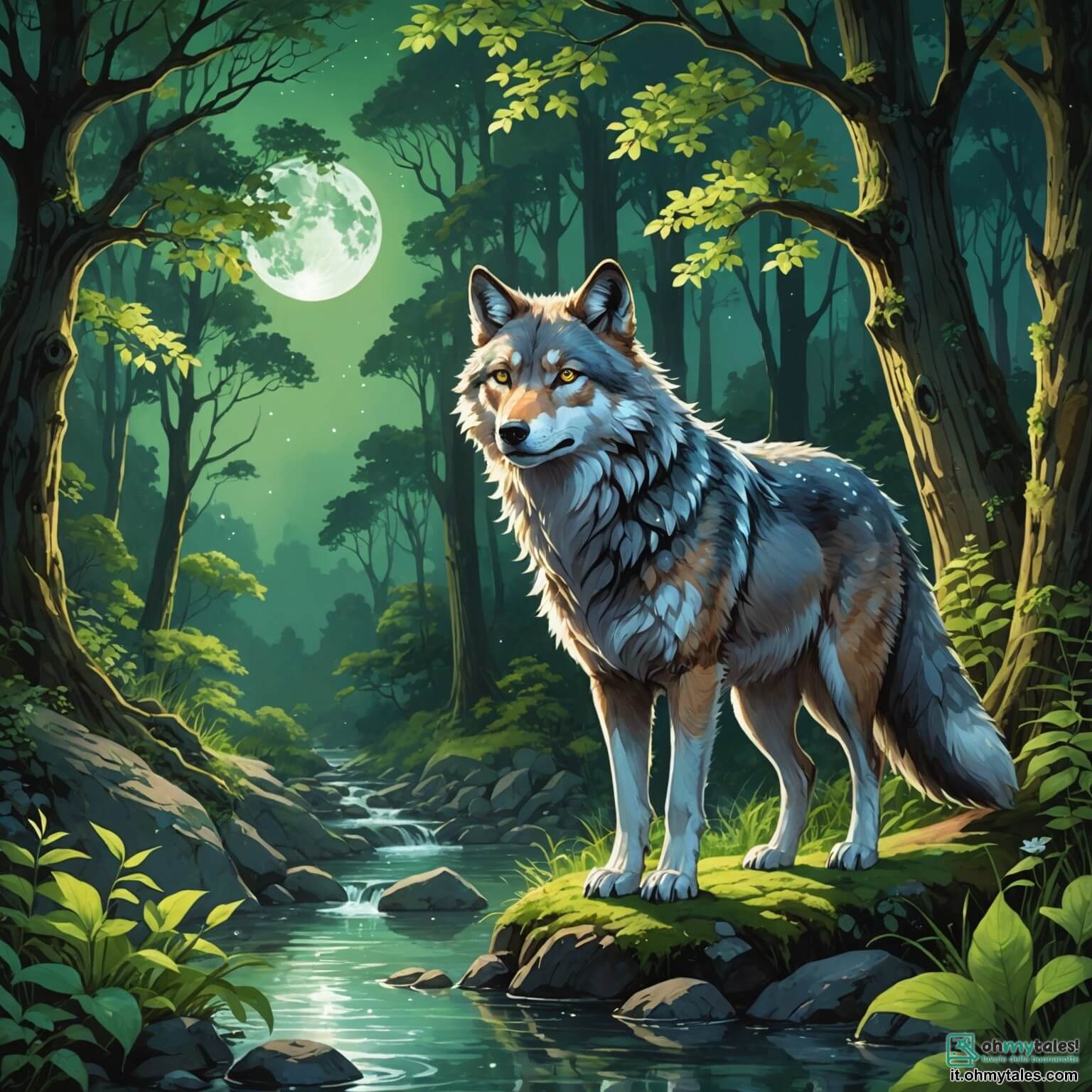 Une illustration destinée aux enfants représentant un majestueux loup à la fourrure argentée scintillante sous la lumière de la lune, aux yeux verts pétillants de curiosité, se tenant fièrement au bord d'un ruisseau cristallin serpentant à travers une forêt enchantée, où les arbres séculaires aux troncs noueux et aux feuillages luxuriants s'entrelacent pour former un toit de verdure, tandis qu'une petite volpe au pelage roux, perdue et en larmes, l'observe avec espoir, dans un cadre où les chants des oiseaux et le murmure de l'eau créent une mélodie apaisante, et où chaque brin d'herbe semble raconter une histoire d'amitié et de courage.