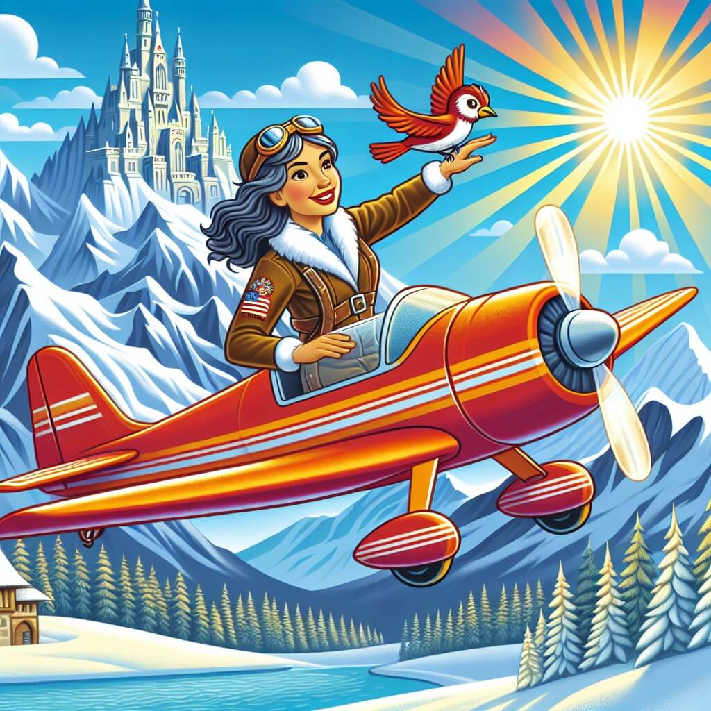Une illustration destinée aux enfants représentant une pilote d'avion passionnée, survolant de magnifiques montagnes enneigées à bord de son avion rouge vif, avec un petit oiseau curieux qui l'accompagne dans le ciel éclatant de couleurs, tandis que le soleil se couche derrière un majestueux château perché au sommet d'une montagne.