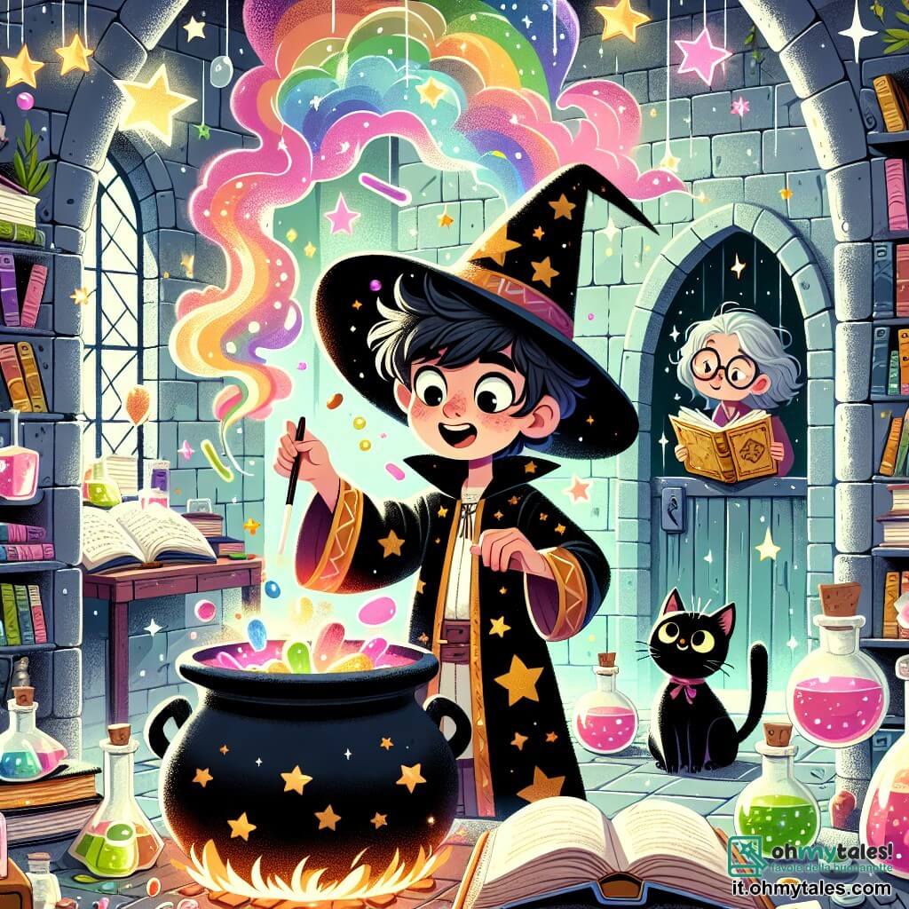 Illustrazione che rappresenta un laboratorio di stregoneria colorato e incantevole, con muri di pietra coperti di libri volanti e pozioni scintillanti. Al centro, un giovane mago dai capelli arruffati e con un cappello a punta leggermente inclinato, vestito con una veste di mago decorata con stelle dorate, mescola ingredienti in un grande calderone fumante. Accanto a lui, un gatto nero dagli occhi brillanti, che sembra curioso e divertito dalle esperienze. In un angolo, una donna di mezza età, con occhiali rotondi e capelli grigi, osserva la scena con un sorriso divertito, tenendo un grande libro di incantesimi. La scena principale mostra il mago che lancia un incantesimo, circondato da una nuvola di fumo colorato, mentre appare una porta misteriosa, aggiungendo un'aria di magia e avventura. Lampi di luce e stelle scintillanti fluttuano nell'aria, creando un'atmosfera magica e gioiosa.