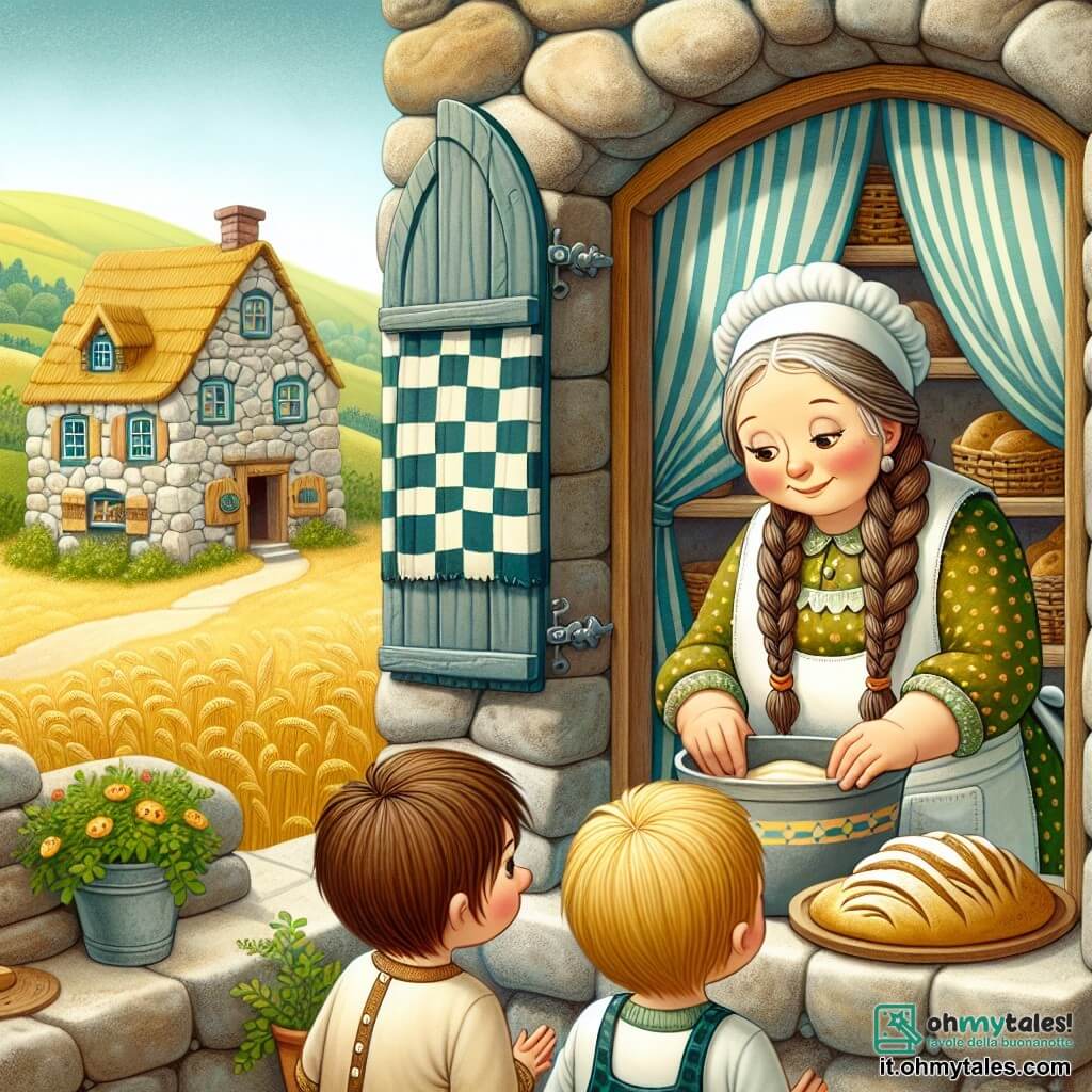 Une illustration destinée aux enfants représentant une douce boulangère aux cheveux en treccia, partageant ses secrets de cuisine avec deux jeunes enfants curieux, dans une charmante panetteria aux murs de pierre et aux fenêtres ornées de rideaux à carreaux, entourée de collines verdoyantes et de champs dorés d'un village pittoresque.