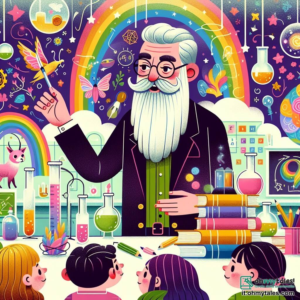 Une illustration destinée aux enfants représentant un instituteur barbu et bienveillant enseignant des sciences dans un laboratoire coloré rempli de livres et d'objets magiques à la Scuola Arcobaleno, entouré de ses élèves émerveillés.