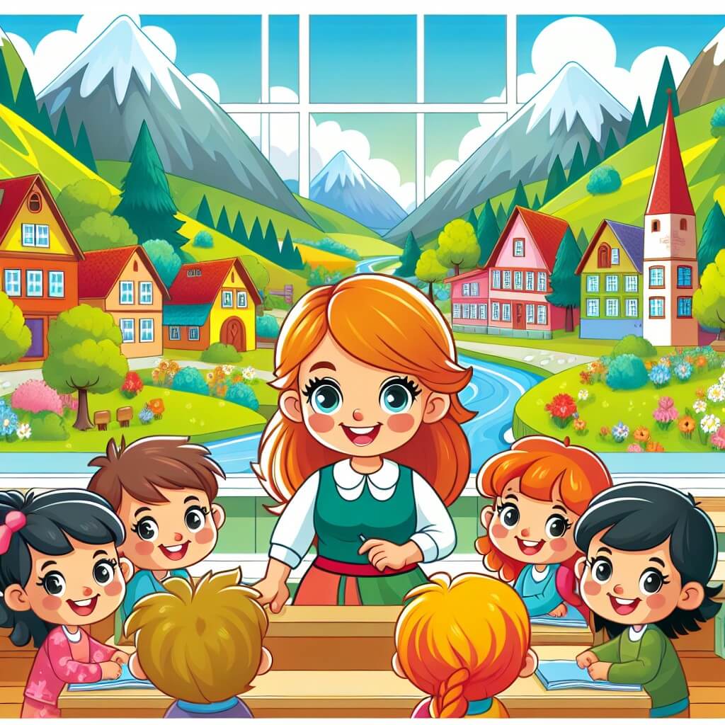 Une illustration destinée aux enfants représentant une jeune institutrice souriante, entourée de ses élèves curieux, dans une classe colorée et chaleureuse, située au cœur d'un village entouré de montagnes verdoyantes et d'un fleuve scintillant.