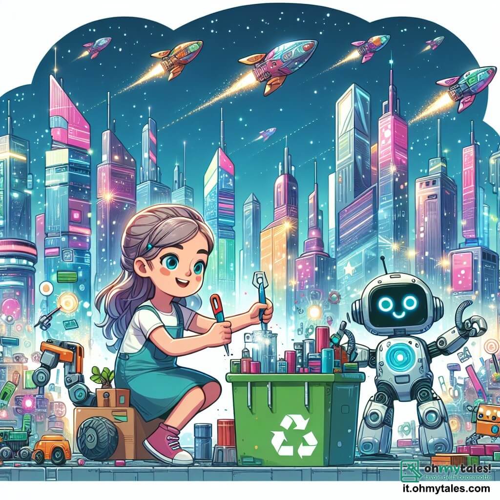 Une illustration destinée aux enfants représentant une jeune fille inventrice passionnée travaillant sur son robot recyclant dans la ville futuriste de Lumina City, accompagnée de son fidèle robot EcoBot, entourée de gratte-ciel brillants et de véhicules volants multicolores.