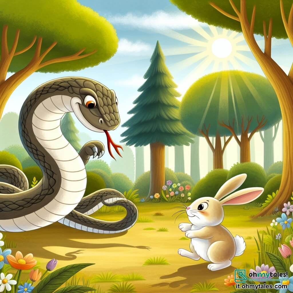 Une illustration destinée aux enfants représentant un serpent malicieux qui s'est transformé en serpent-coniglio, faisant des farces avec un lapin timide, dans une clairière ensoleillée de la forêt, entourée de fleurs colorées et d'arbres majestueux.
