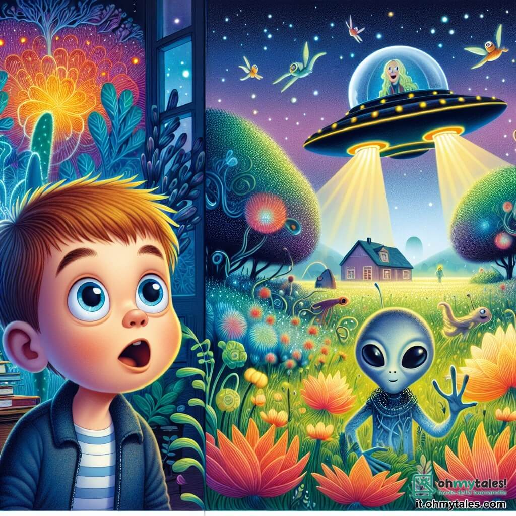 Une illustration destinée aux enfants représentant un garçon aux yeux brillants observant un vaisseau spatial atterrir dans son jardin, accompagné d'un gentil alien aux tentacules lumineux, sur un monde lointain aux arbres iridescent et aux créatures volantes.