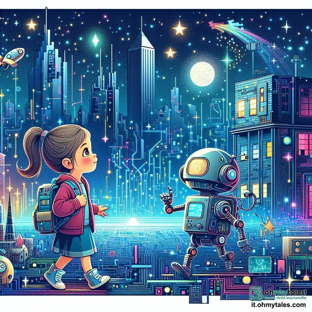 Une illustration destinée aux enfants représentant une jeune fille curieuse explorant une école abandonnée avec son fidèle robot compagnon dans la ville futuriste de Neon City, où les lumières au néon scintillent comme des étoiles dans un ciel numérique étincelant.
