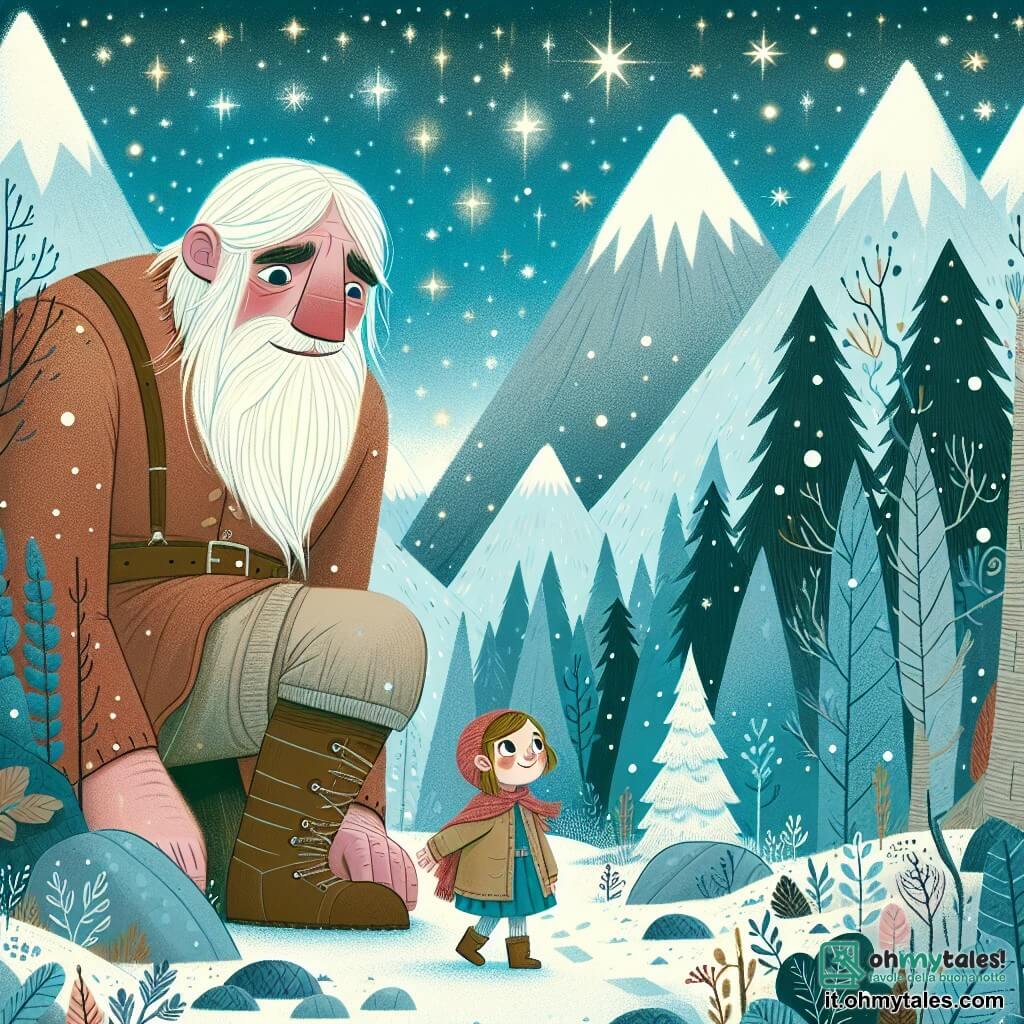 Une illustration destinée aux enfants représentant un géant bienveillant et curieux découvrant un monde enchanté en compagnie d'une fillette courageuse, dans un Regno dei Giganti entouré de montagnes enneigées et de forets incantées.