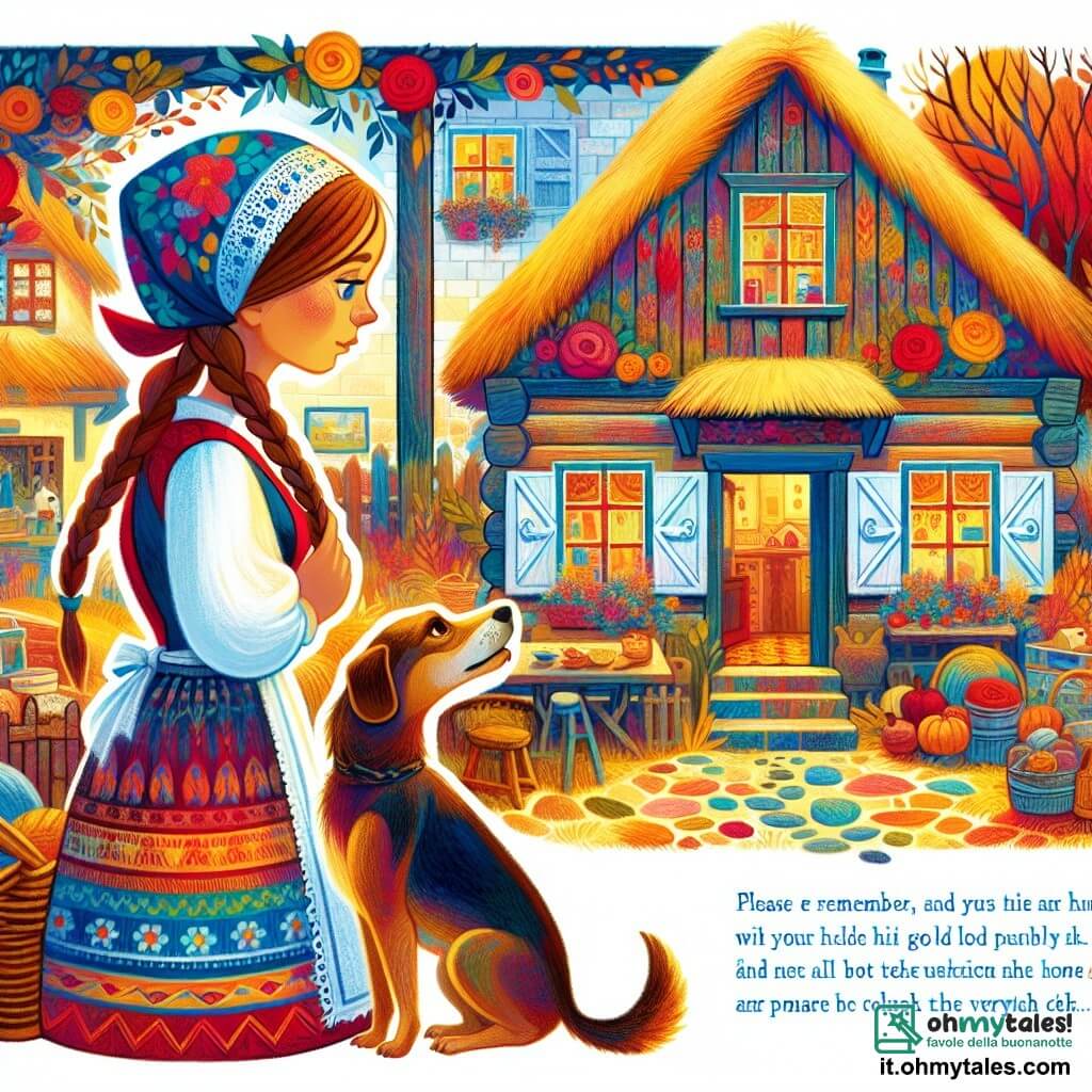 Une illustration destinée aux enfants représentant une fillette confrontée aux tensions familiales, aidée par son chien fidèle, dans le cadre chaleureux et coloré de sa maison de village.