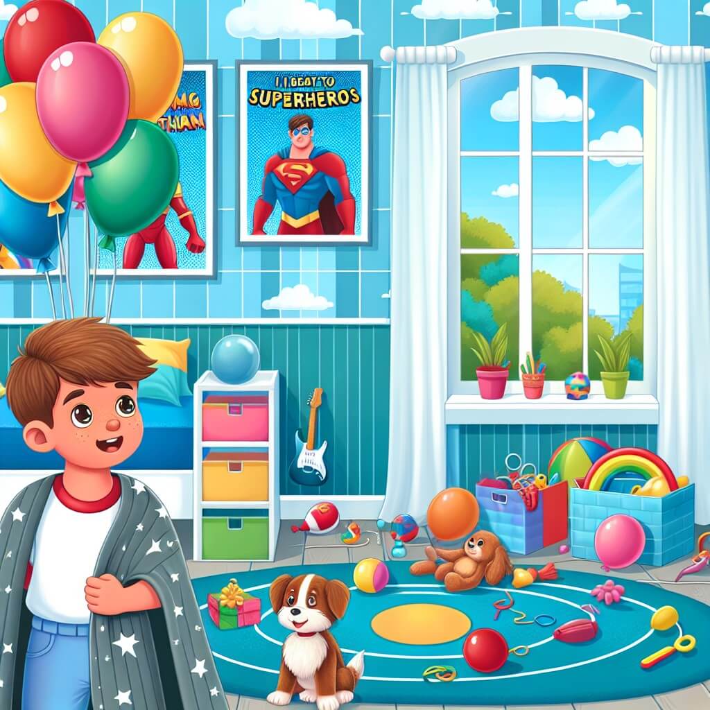 Une illustration destinée aux enfants représentant un jeune garçon, entouré de jouets et de ballons colorés, confronté à la tentation de mentir, avec un gentil chien à ses côtés, dans une chambre lumineuse aux murs peints en bleu ciel, avec des posters de super-héros accrochés aux murs et une grande fenêtre donnant sur un jardin verdoyant.